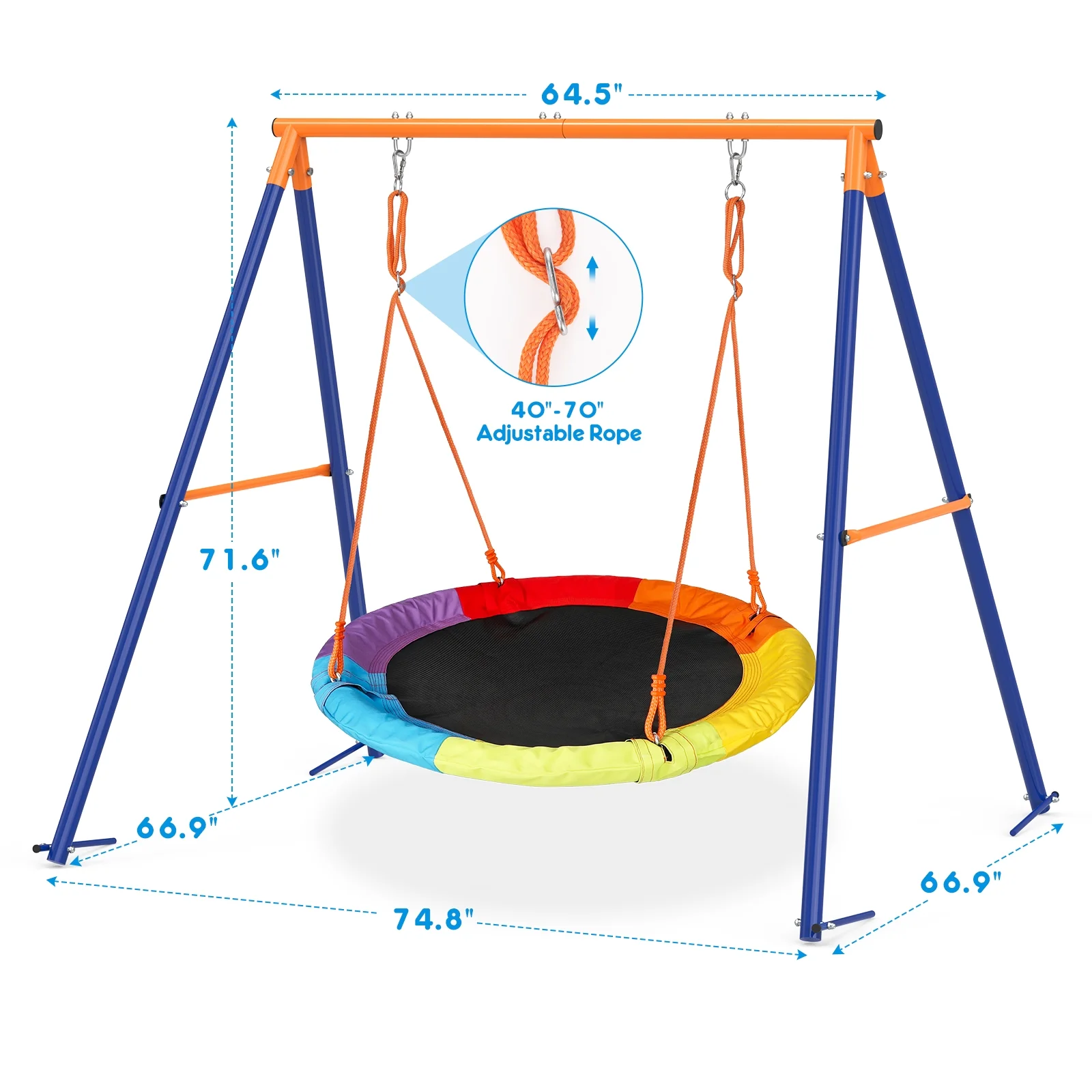 Swing Sets for Outside 440lbs Swing Set for 2-3 Kids Outdoor with Heavy-Duty Metal Frame Adjustable Ropes Round Swing, Rainbow(One Size) - Image 3