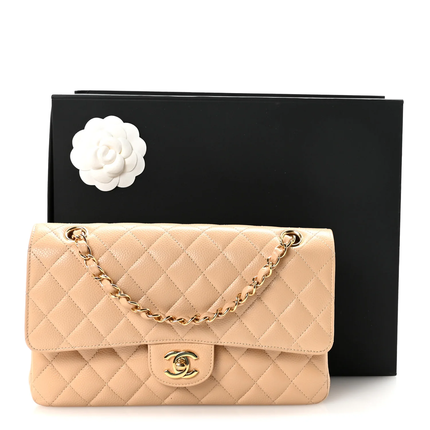 Caviar Quilted Medium Double Flap Beige