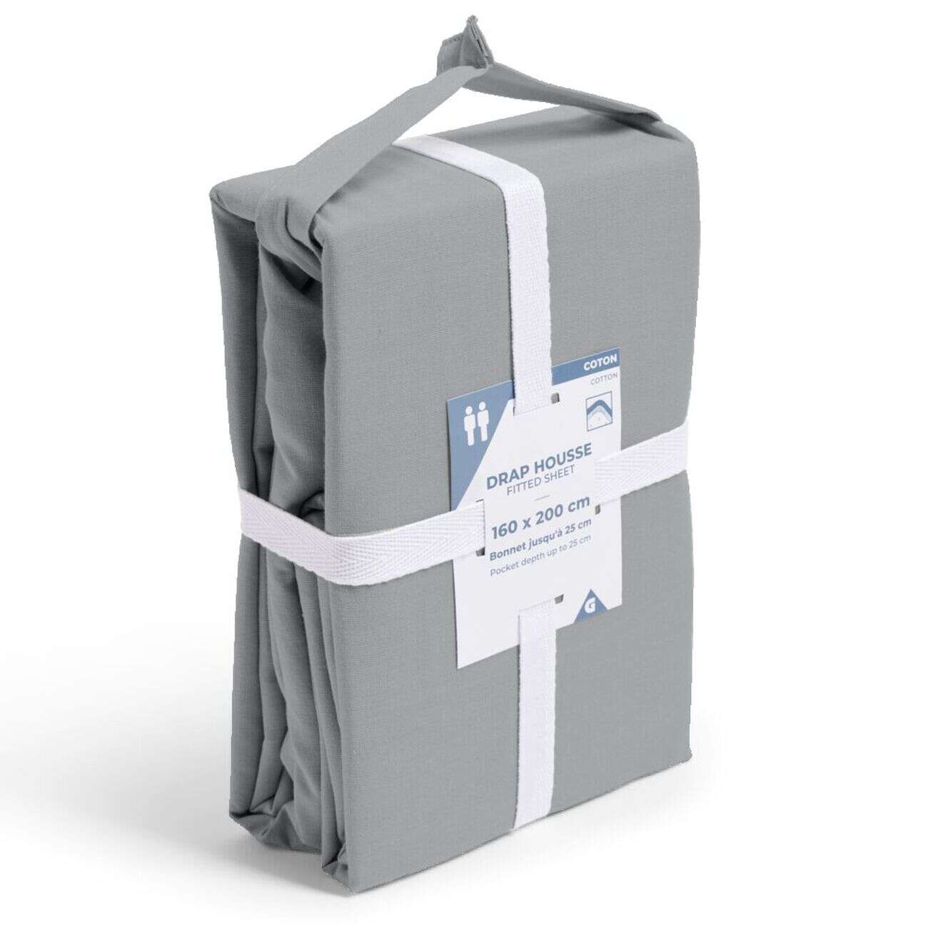 Drap housse 160x200cm 100% coton gris clair