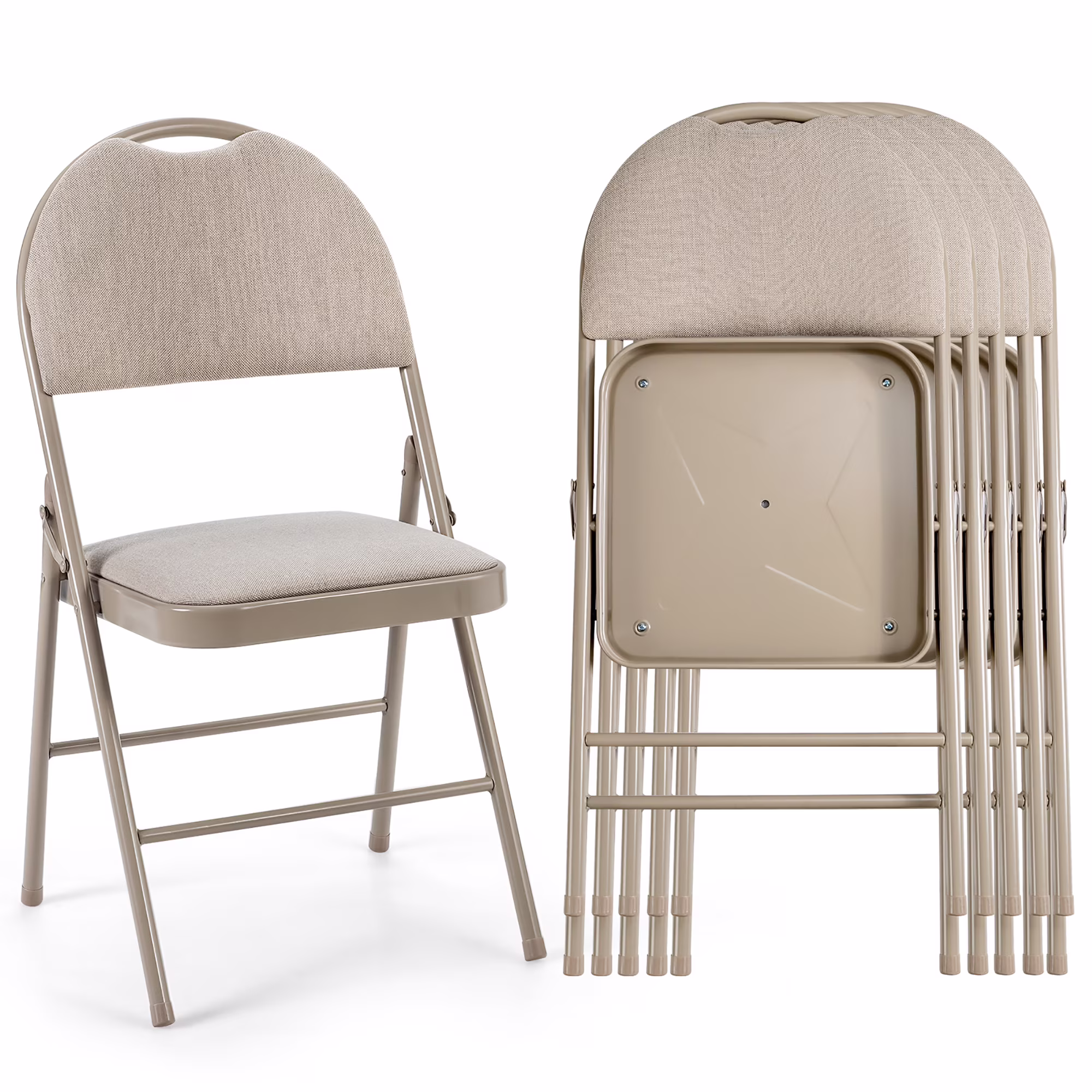 Set of 6 Folding Chairs Fabric Upholstered Padded Seat Metal Frame Home Office Beige(Beige)