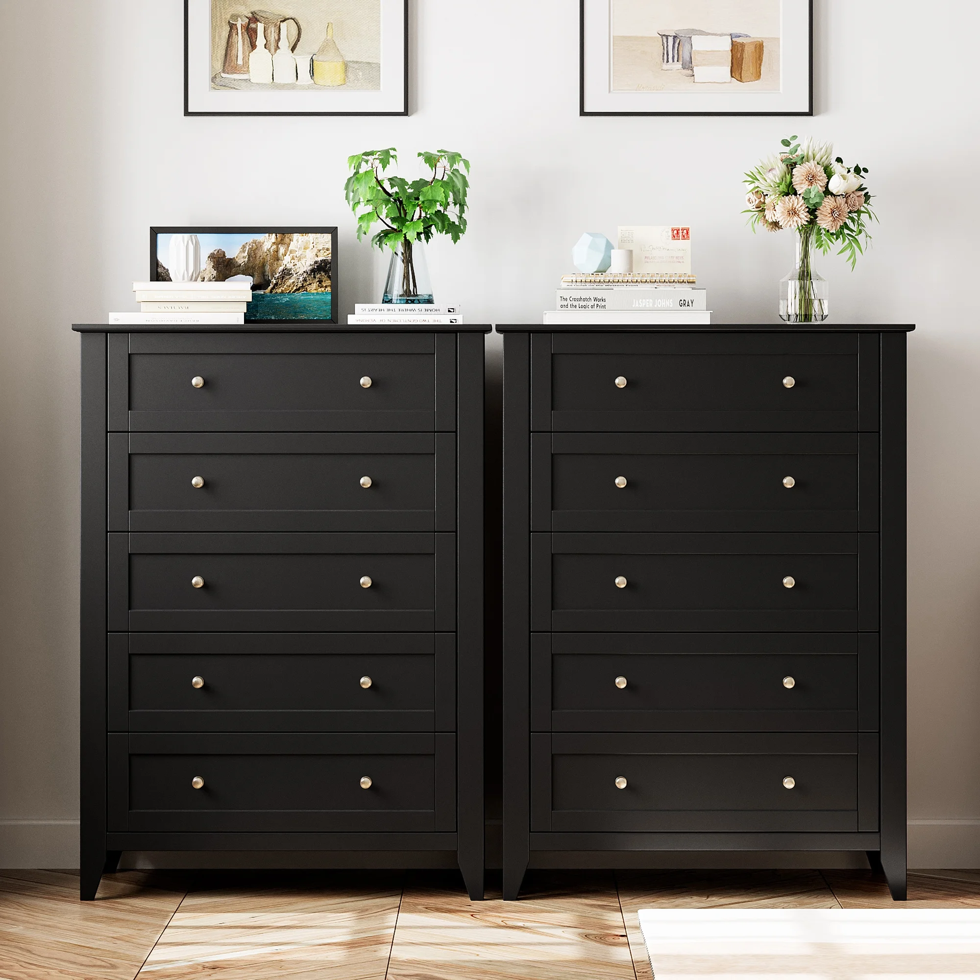 Dresser for Bedroom Black with 5 Drawers, Tall Wood Organizer Storage Cabinet with Round Handle, Drawer Dresser for Closet, Living Room, Hallway, Nursery, Kids Bedroom(5-Drawer Chest/Black) - Image 8