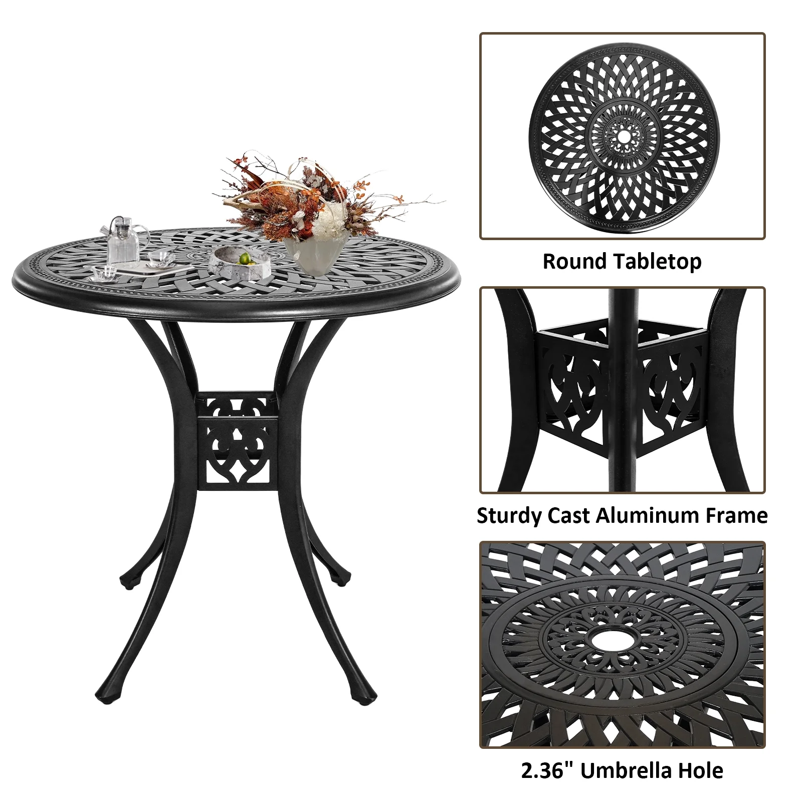 30 3 Inch Round Patio Table Cast Aluminum Patio Table,Metal Patio Dining Table with Umbrella Hole,All Weather Outdoor Bistro Dining Table for Backyard, Garden, Balcony, Black(Black) Image 3