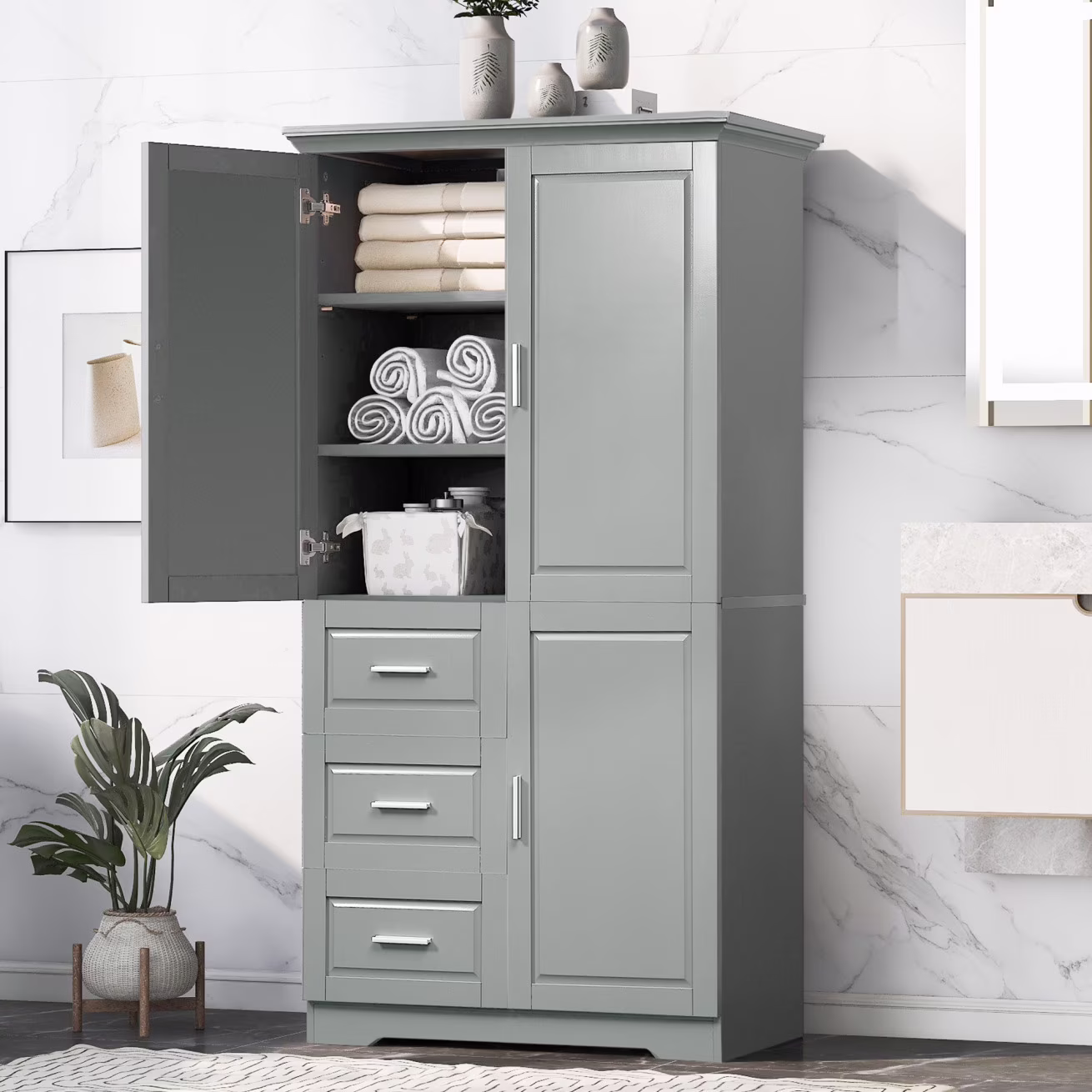 Bathroom Cabinet, 62.2" Tall Storage Cabinet with Doors and Shelves, Freestanding Linen Closet for Bathroom, Kitchen, Living Room, Grey(Grey)