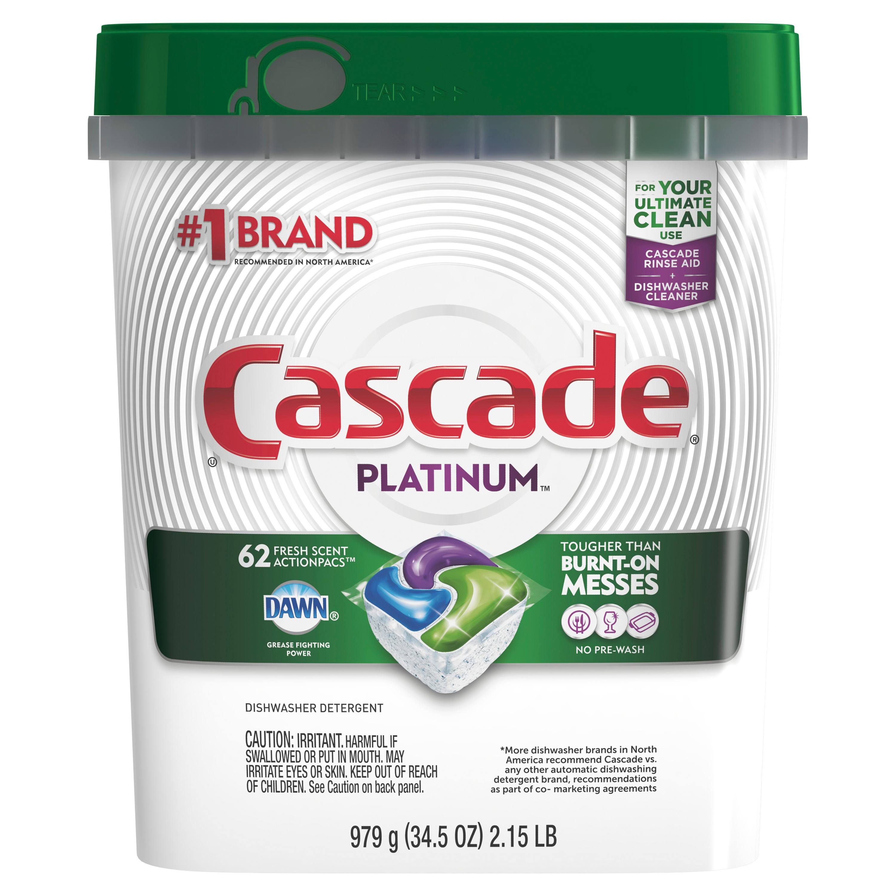 Cascade Platinum ActionPacs Dishwasher Detergent, Fresh Scent - 62 count