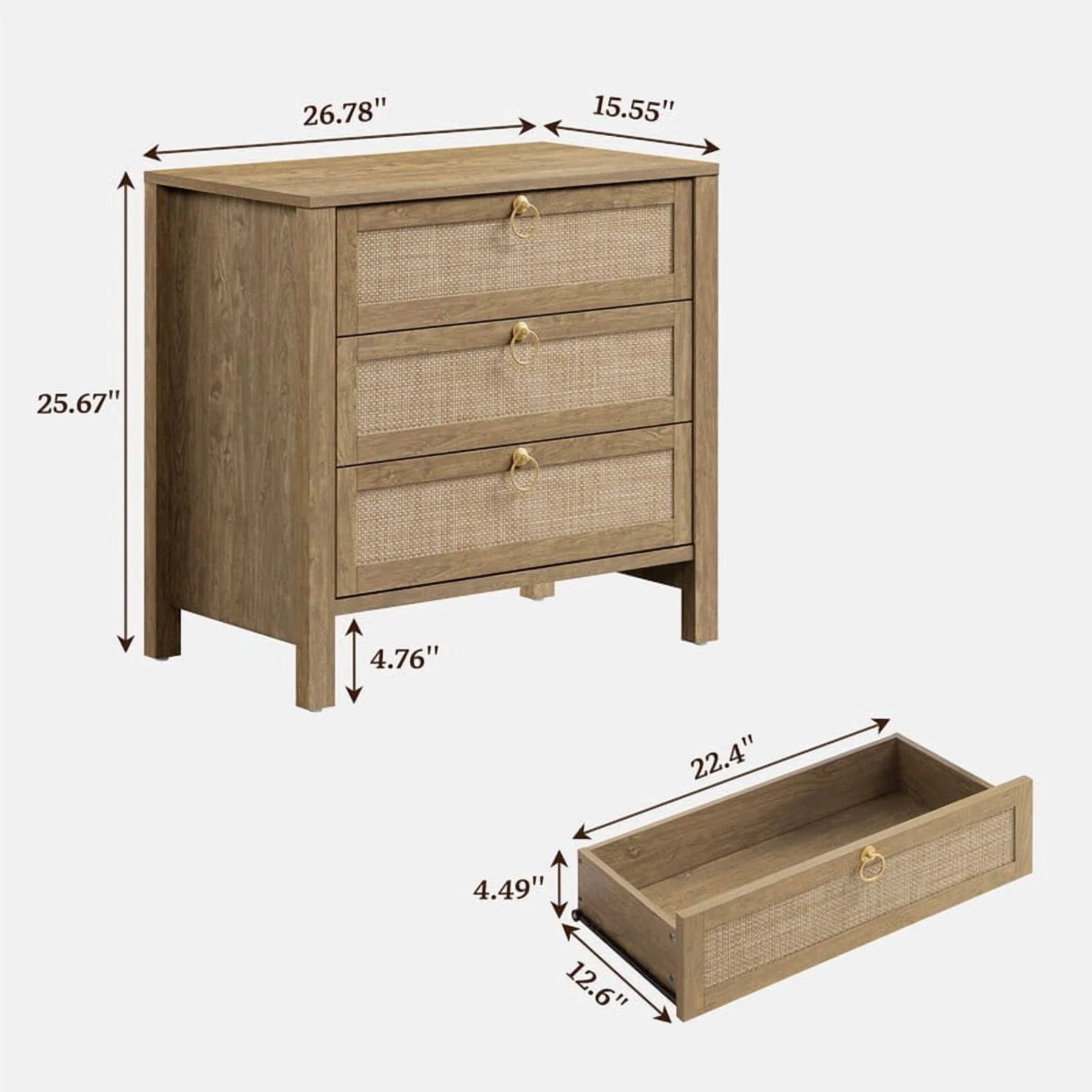 Oak Boho 3-Drawer Nightstand Set of 2 Extra Wide Storage Night Stand with Gold Handles LargeTall Bed Side Table for Bedroom Living Room Enterway(Cherry Oak/Single) - Image 5