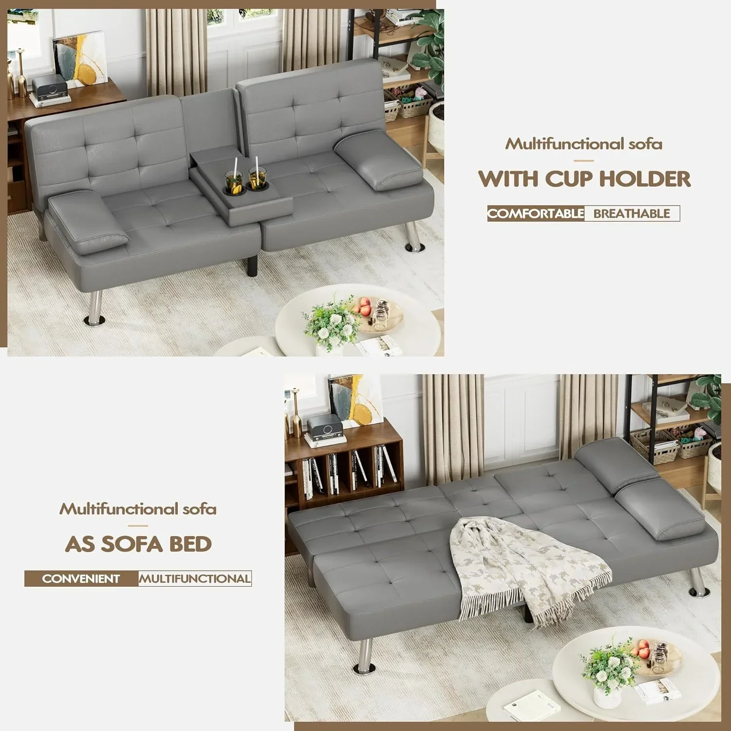 Canapé-lit futon Homall en cuir avec accoudoirs et fauteuil inclinable réglable