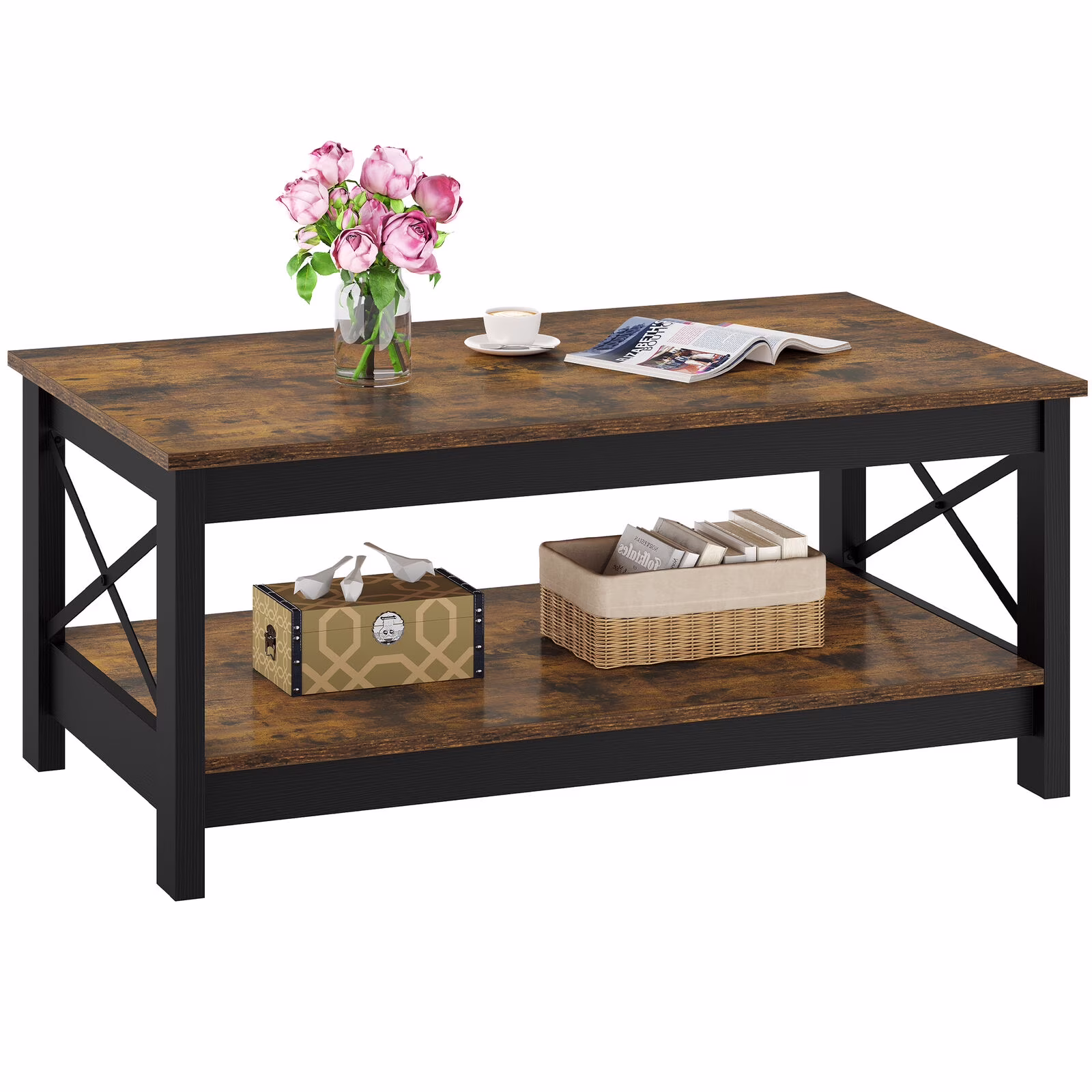 Farmhouse 2 Tier Coffee Table with Storage Rustic Brown Center Cocktail Table for Living Room, Sturdy Wooden Build, Vintage Design, Ideal for Farmhouse Country Home Decor, Easy Assembly(Rustic Brown)