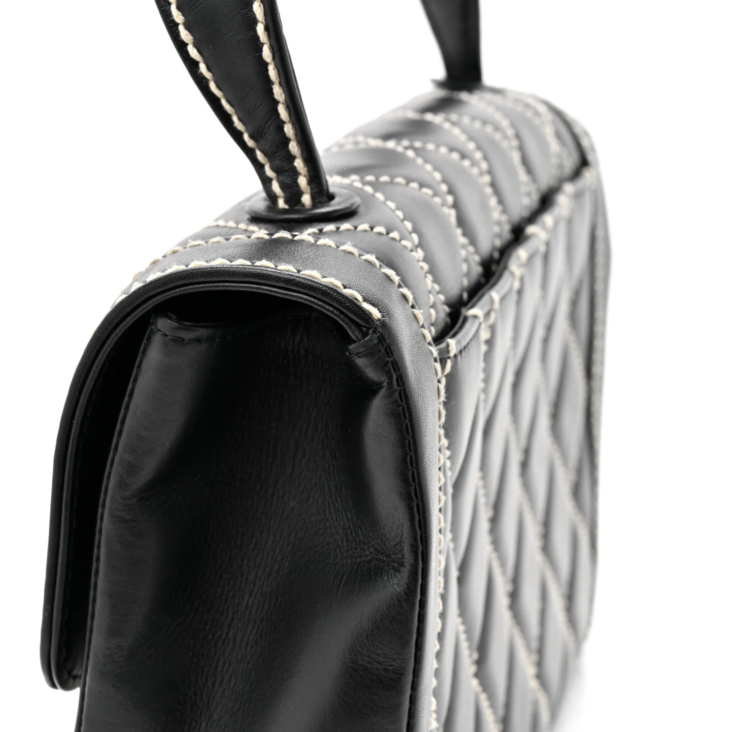 Calfskin Quilted Wild Stitch Large Top Handle Flap Black