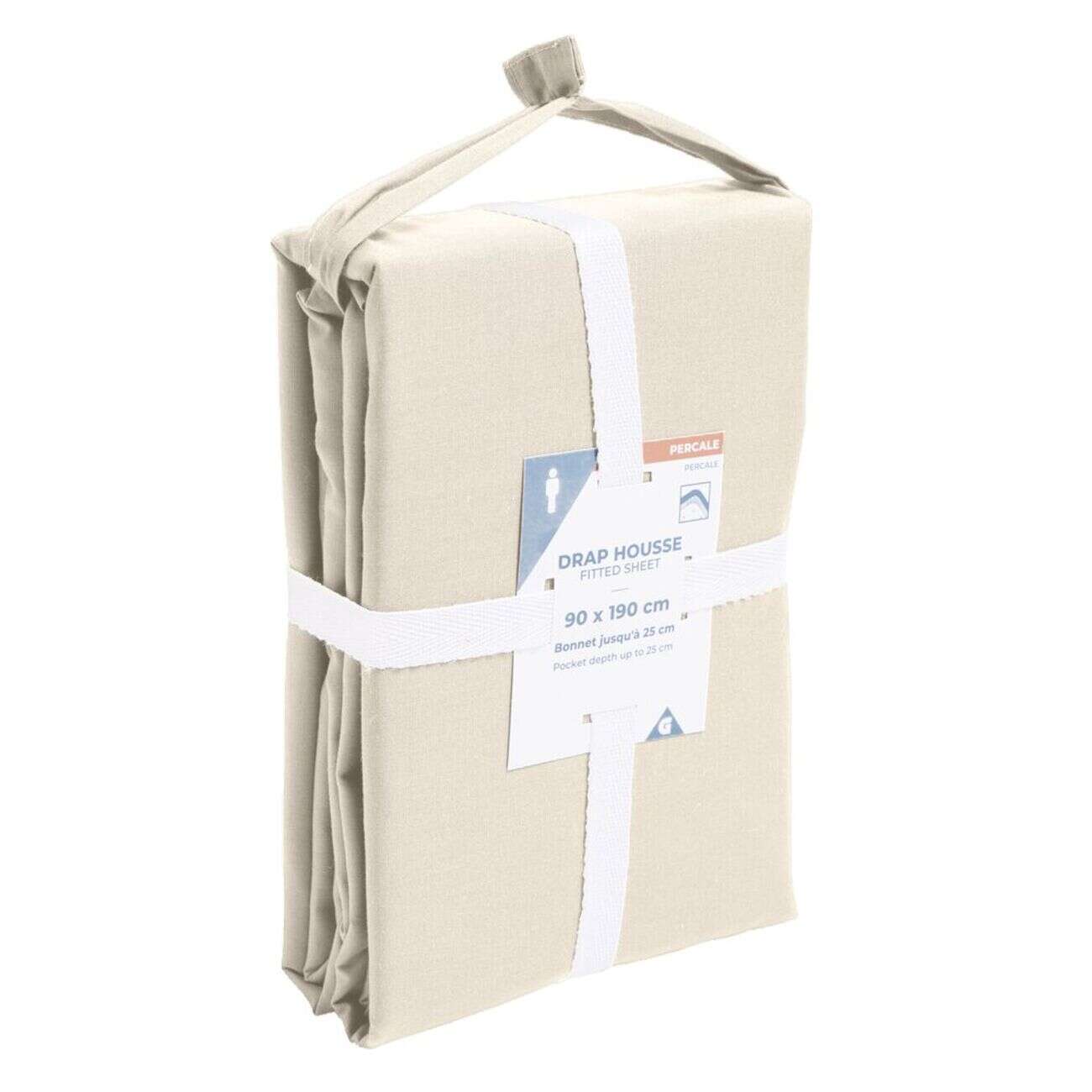 Drap housse 90x190cm 100% coton percale beige