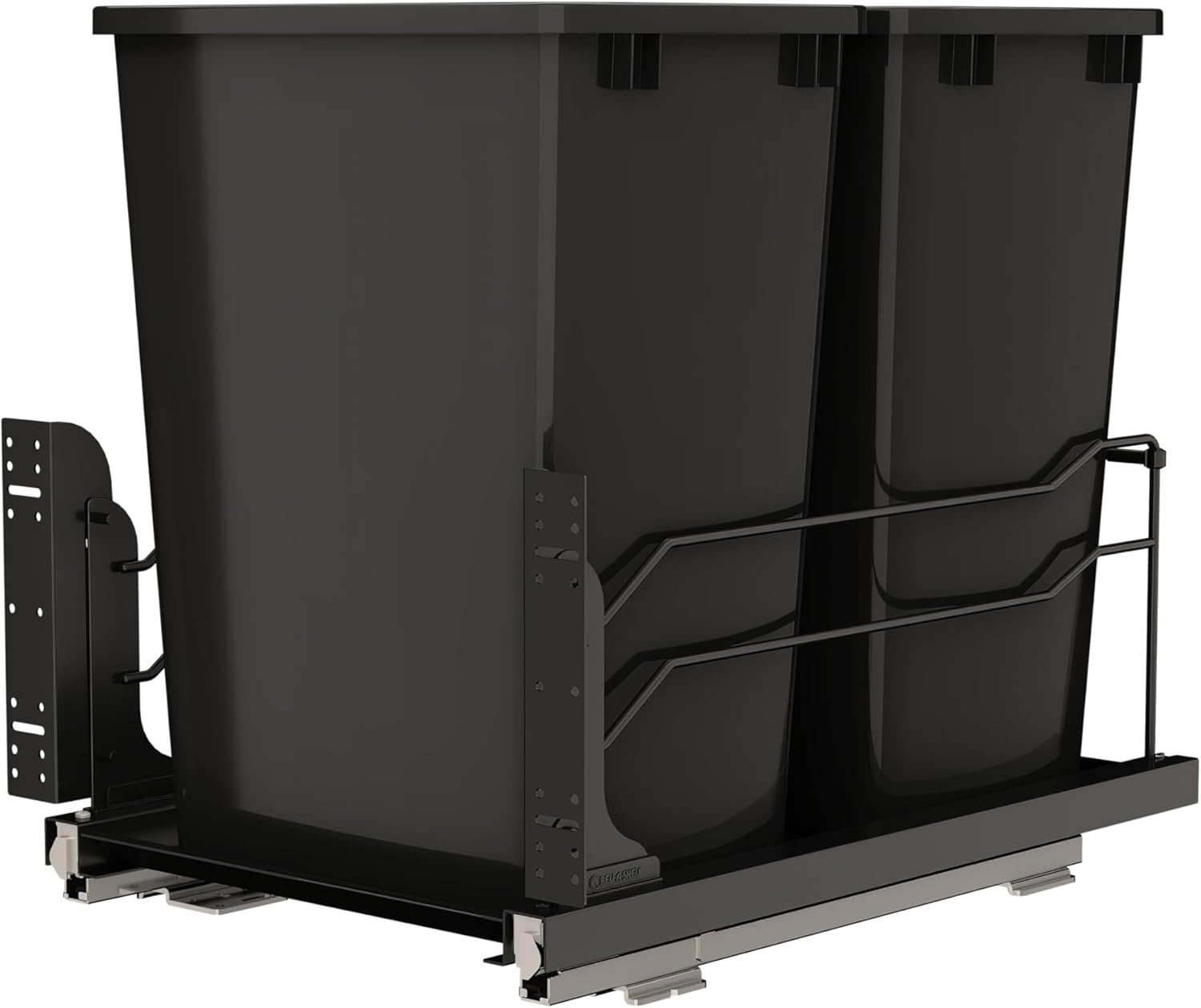 Rev-A-Shelf Steel Double Pullout Waste Container with Soft-Close, 35 Quart, Black - Sliding Garbage Bin System with Dual Trash Can for 18