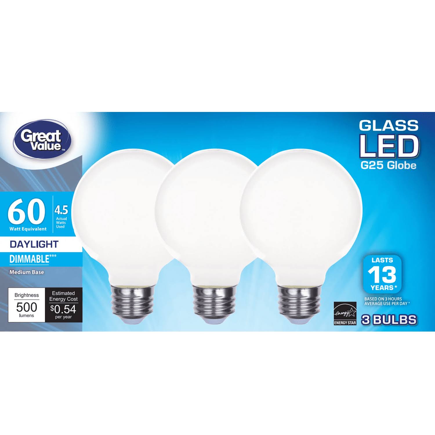 Great Value LED Bulb, 4.5-Watt (60W Equivalent) G25 Deco Bulbs E26 Base, Daylight, 3-Pack