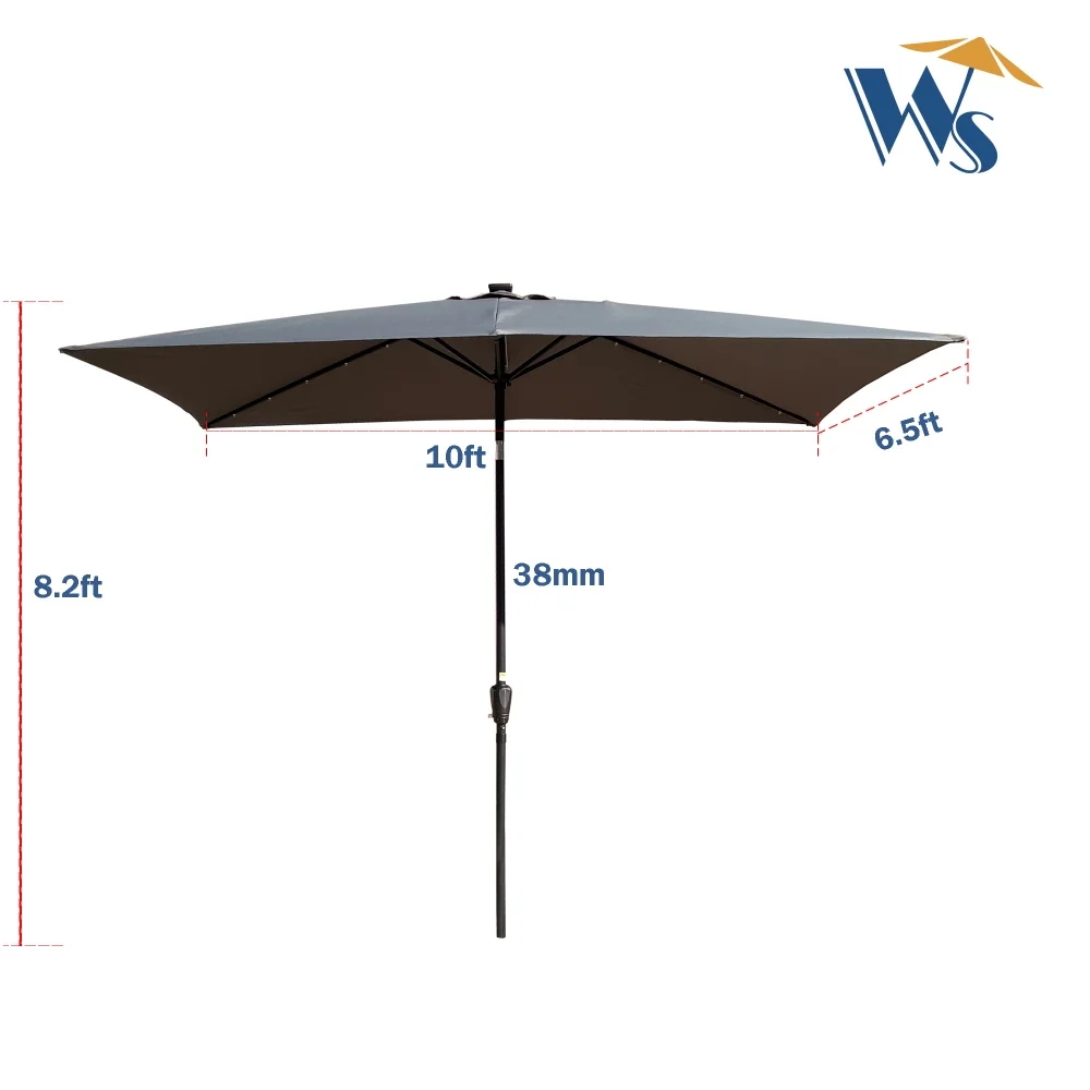 10 x 6.5t Patio Umbrella,Rectangular Picnic Table Umbrella,6-8 Chairs Tilt Umbrella with 26 LED Lights,Waterproof Umbrella Sunshade with Crank and Push Button Tilt for Garden Backyard Pool,Mushroom