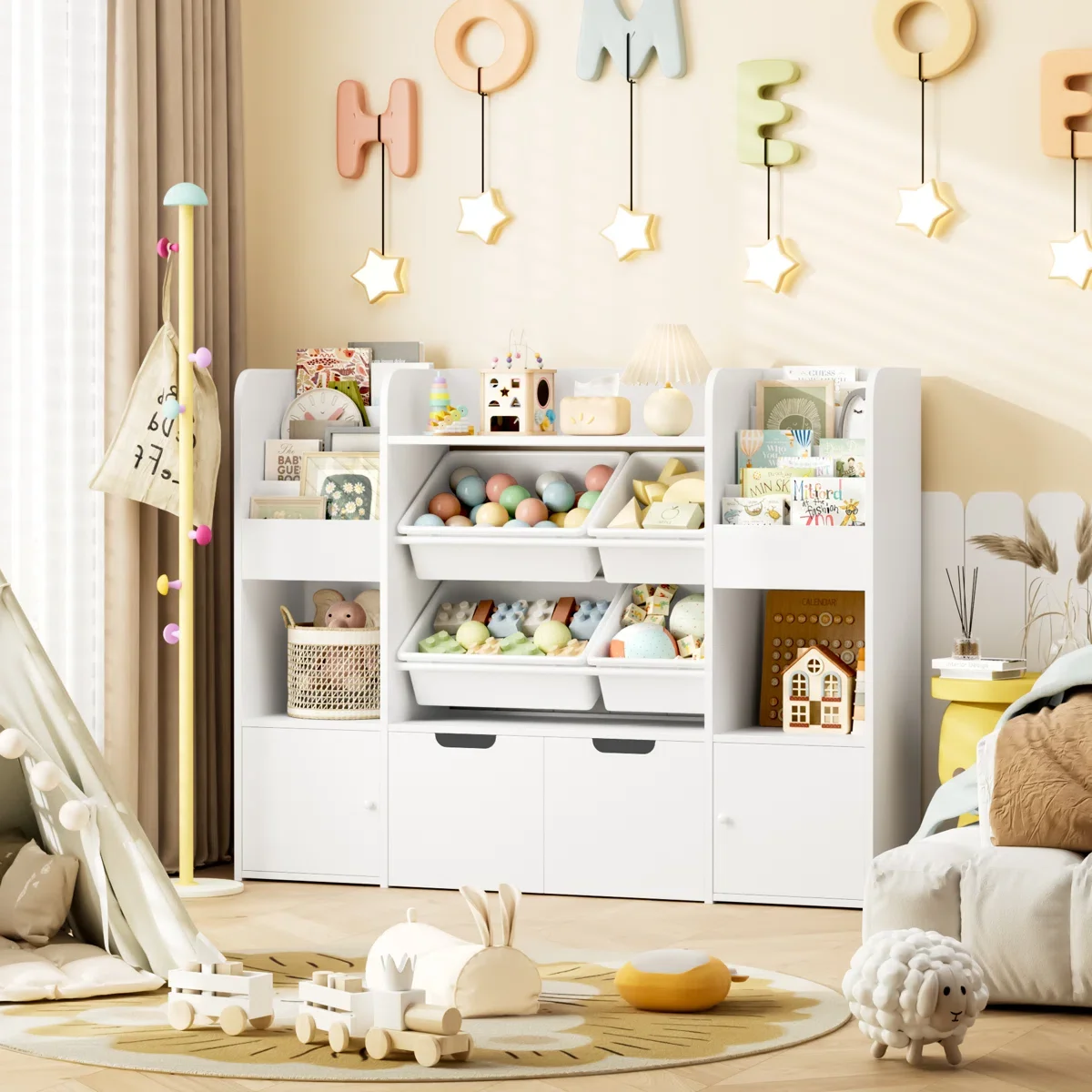 Kids Bookcase Toy Storage Organizer, Wooden Toy Organizer of 4 Bins 2 Removable Drawers for Home Bedroom, Kids Bookshelf Toy Box with Book Rack, White(White) - Image 8
