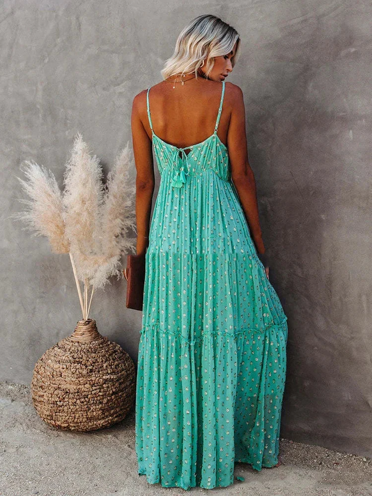 Robe Maxi d'Été Verte Style Bohème Chic