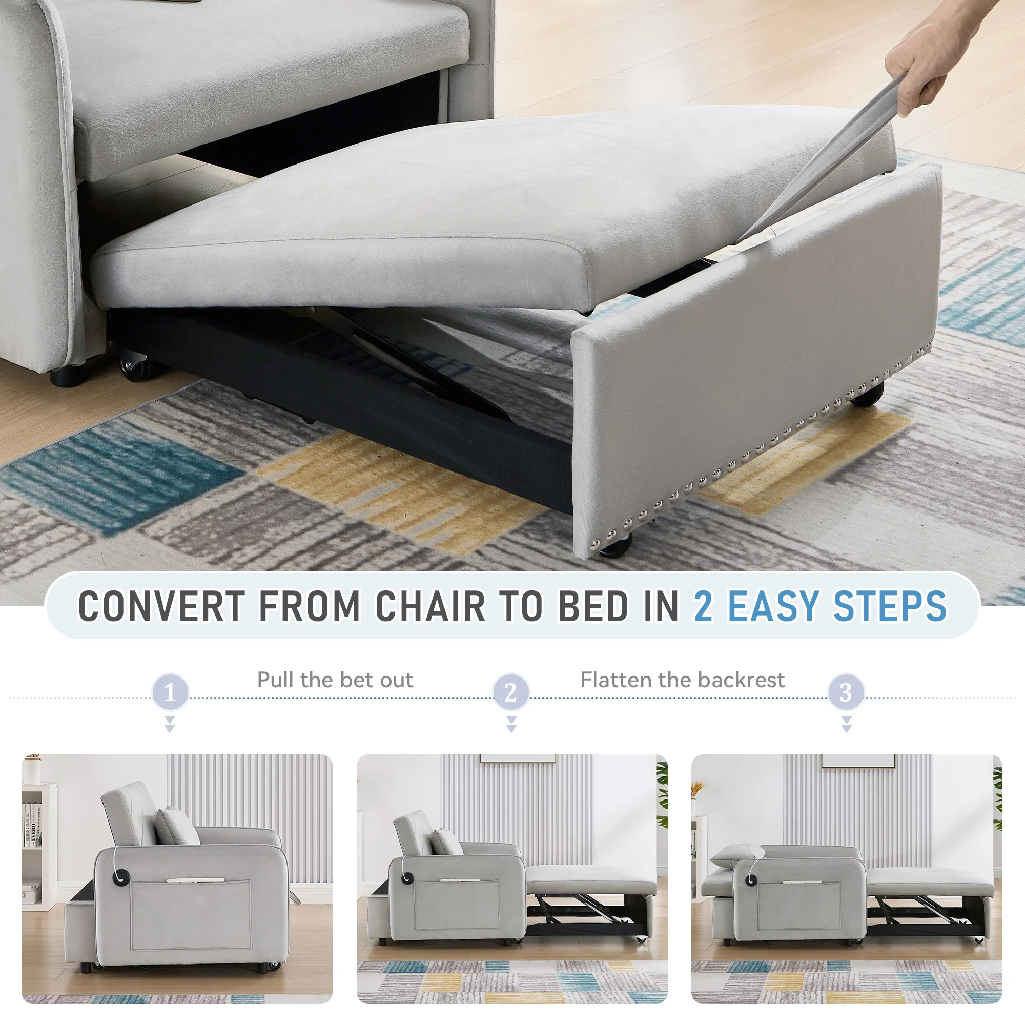 3-in-1 Convertible Sleeper Chair Bed, Indoor Lounge Chair with USB/Type-C Charging Ports, Modern Recliner Sofa for Living Room, Gray Velvet(Gray) - Image 6