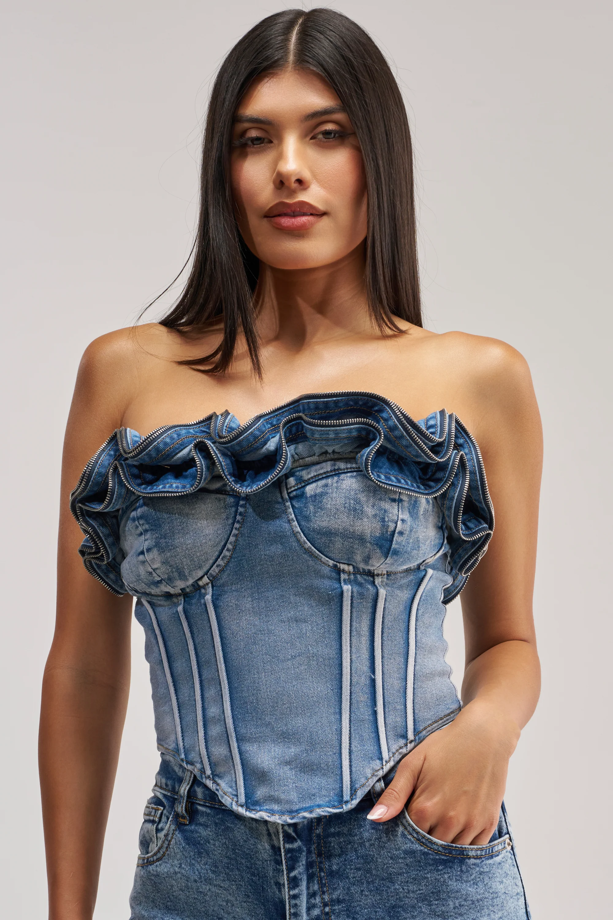 SOMETHING DIFFERENT DENIM CORSET WITH ZIPPER DETAIL IN MEDIUM BLUE DENIM - Akira Store