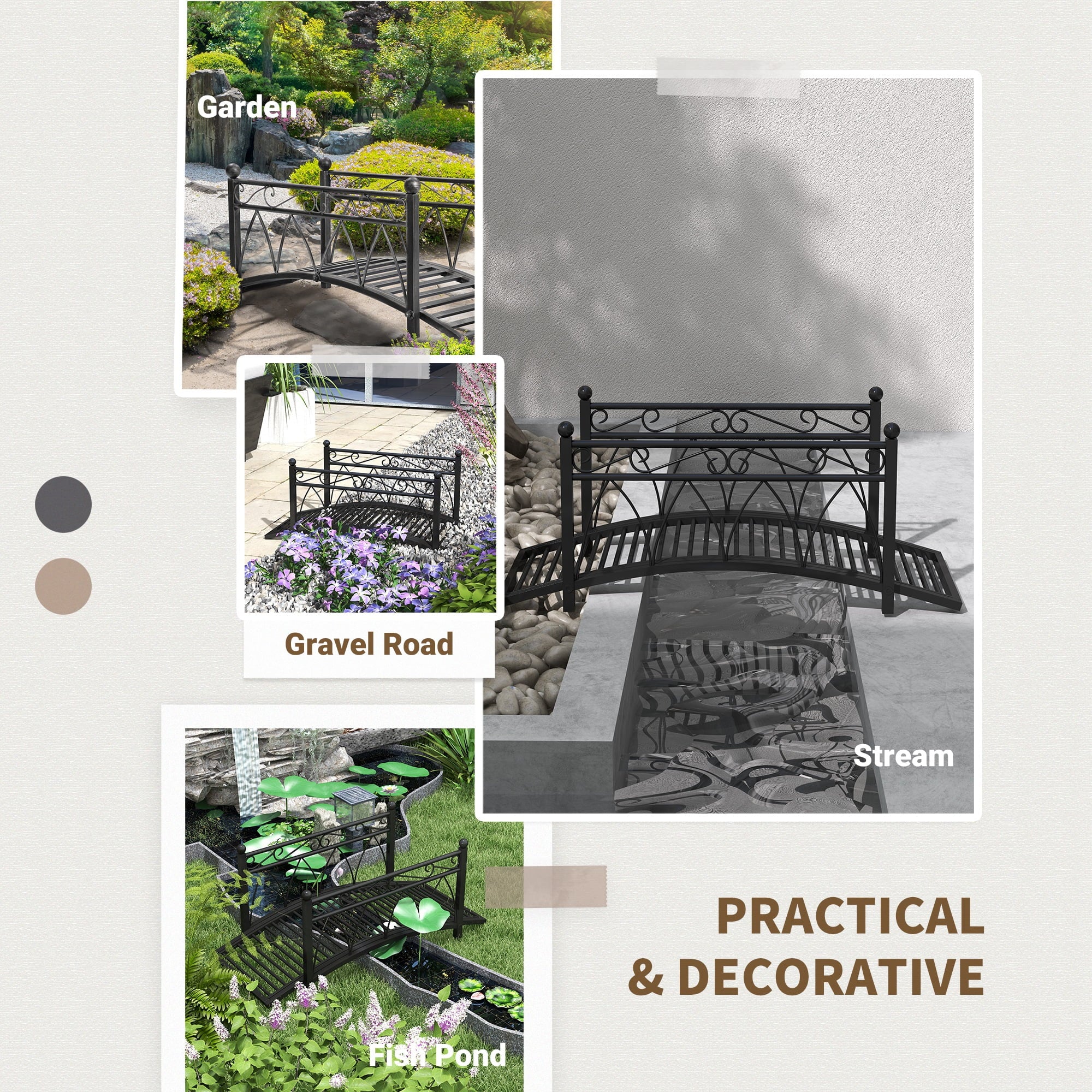Outsunny 3.3' Metal Arch Zen Garden Bridge with Safety Siderails, Decorative Footbridge, Delicate Scrollwork & Corner Spheres for Stream, Black