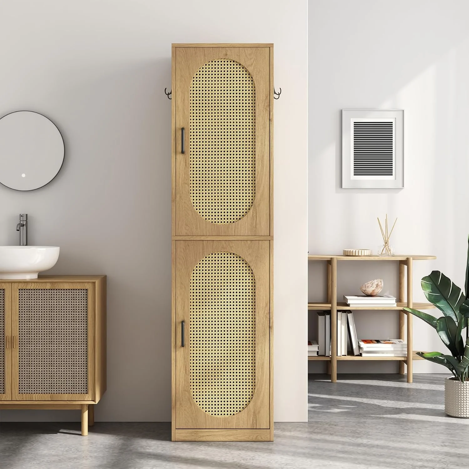66-Inch Bathroom Storage Cabinet with Rattan Doors, Bath Room Organizer Floor Cabinets Brown - Image 4