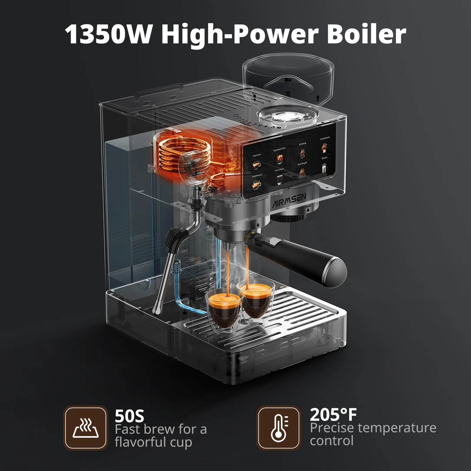 Espresso Machine with Grinder, Espresso Coffee Machine with Customized Grind Amount Coffee Volume, Cold Brew Coffee Maker for Cappuccino Latte Americano, Brushed Stainless Steel - Image 7