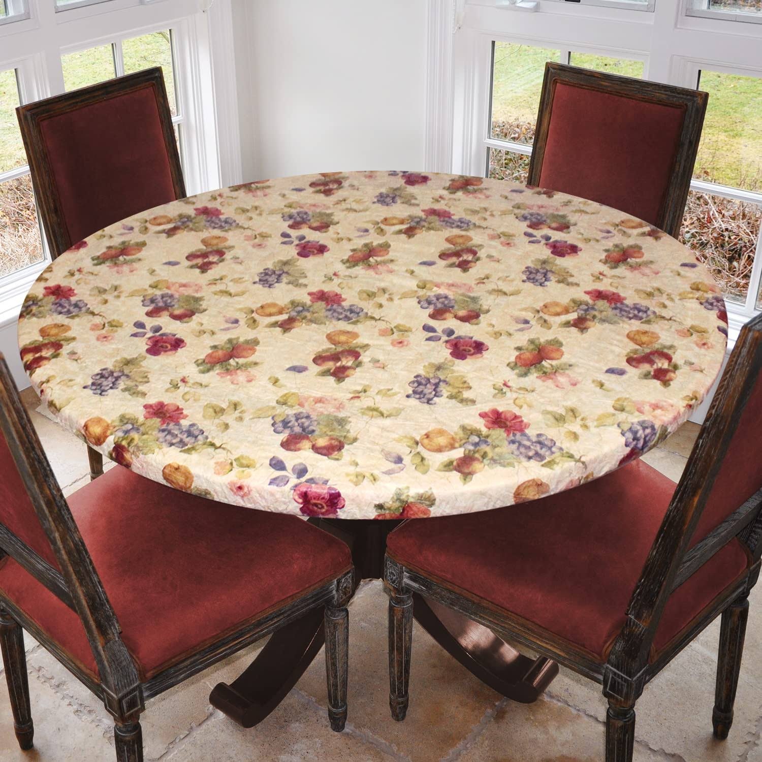 Covers for The Home Deluxe Elastic Edged Flannel Backed Vinyl Fitted Table Cover - Antique Fruit Pattern - Small Round - Fits Tables Up to 40