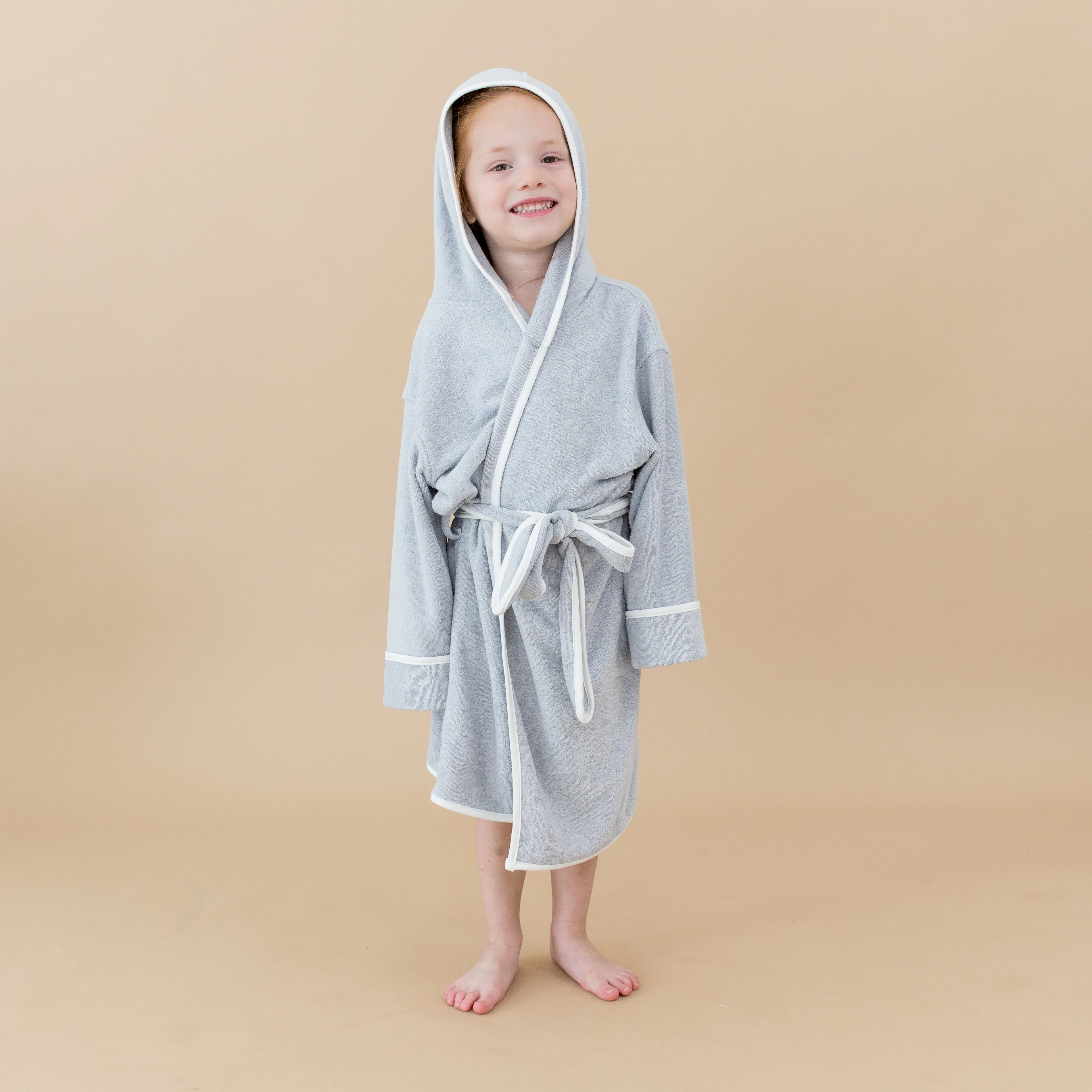 Hooded Bath Robe in Storm with Cloud Trim