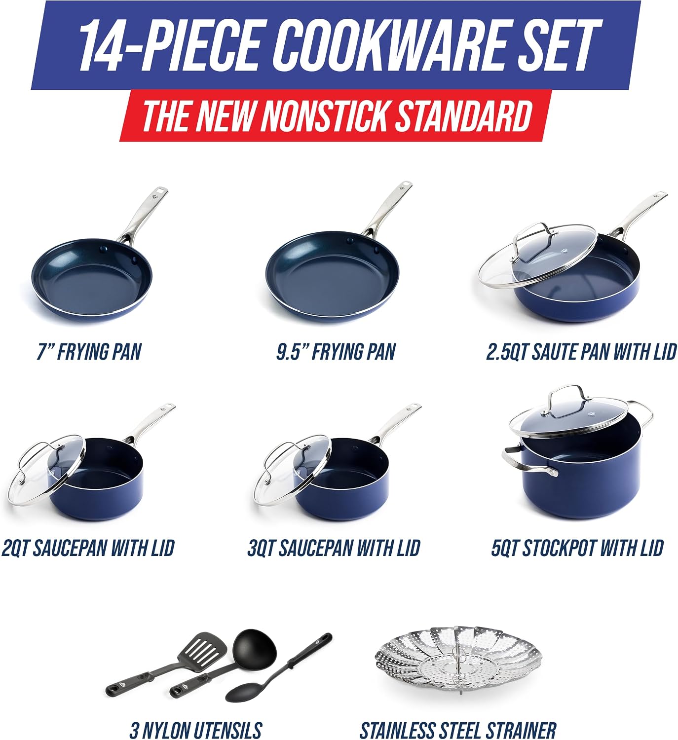 Blue Diamond 14 Piece Cookware Set, Diamond Infused PFAS & PFOA-Free Ceramic Nonstick Pots and Pans, Durable, Non-Toxic, Metal Utensil Safe & Scratch Resistant, Dishwasher & Oven Safe, Blue