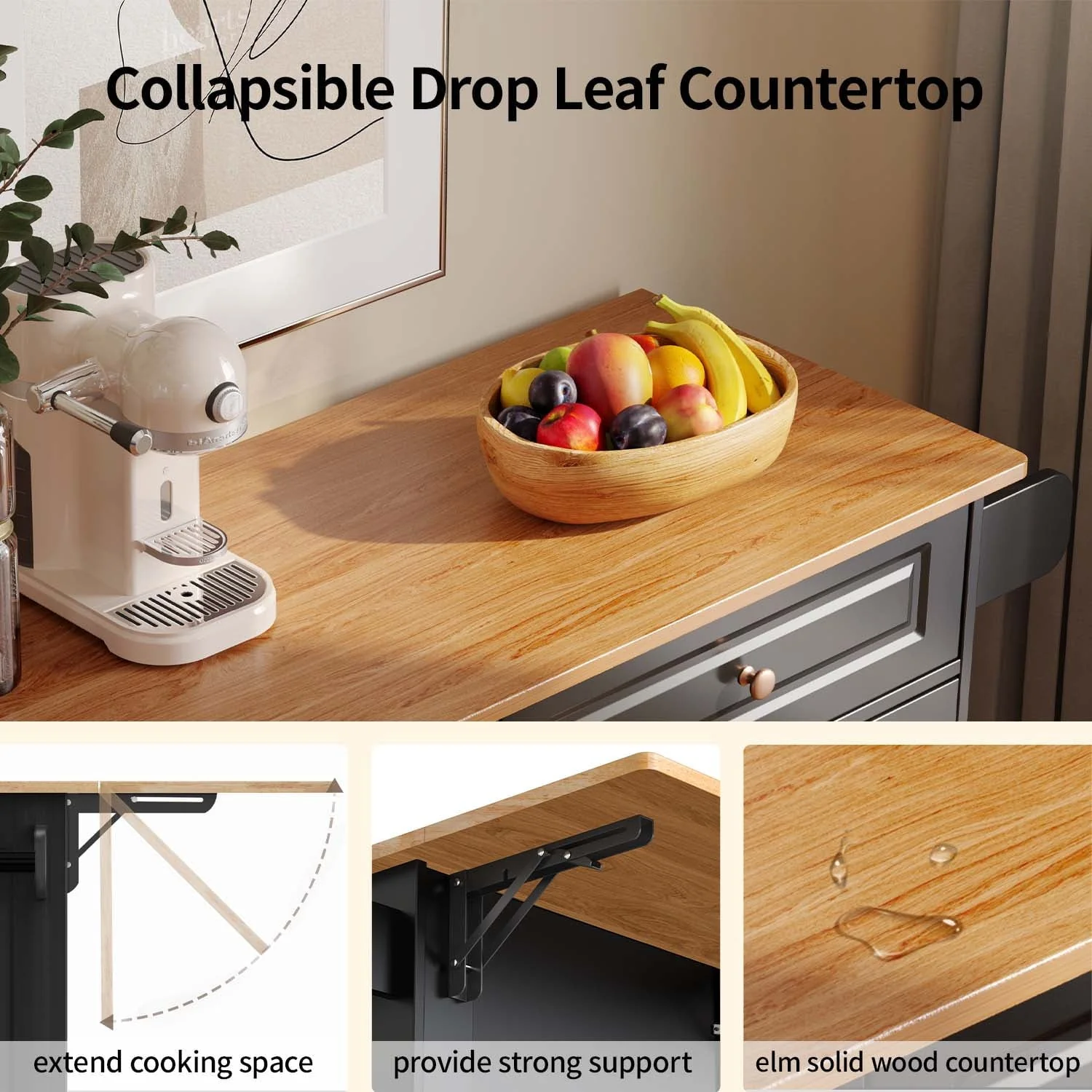 Kitchen Island with Storage, Kitchen Island Cart with Drop Leaf, Black(Black) Image 10