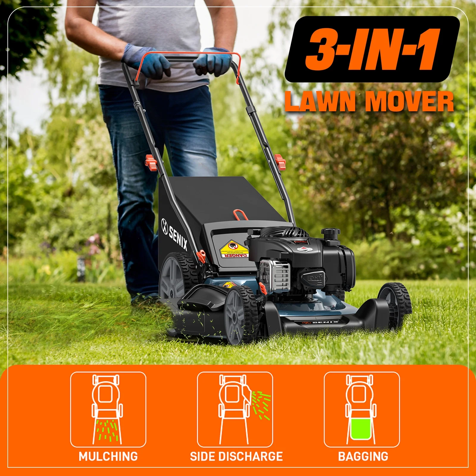 Gas Lawn Mower 21in Cutting Blade 22in Cutting Deck, 140cc 4-Cycle Made in USA Engine, 3-In-1, 6-Height Adjustment, 11" Rear Wheels, LSPG-M7(Mulch) - Image 4