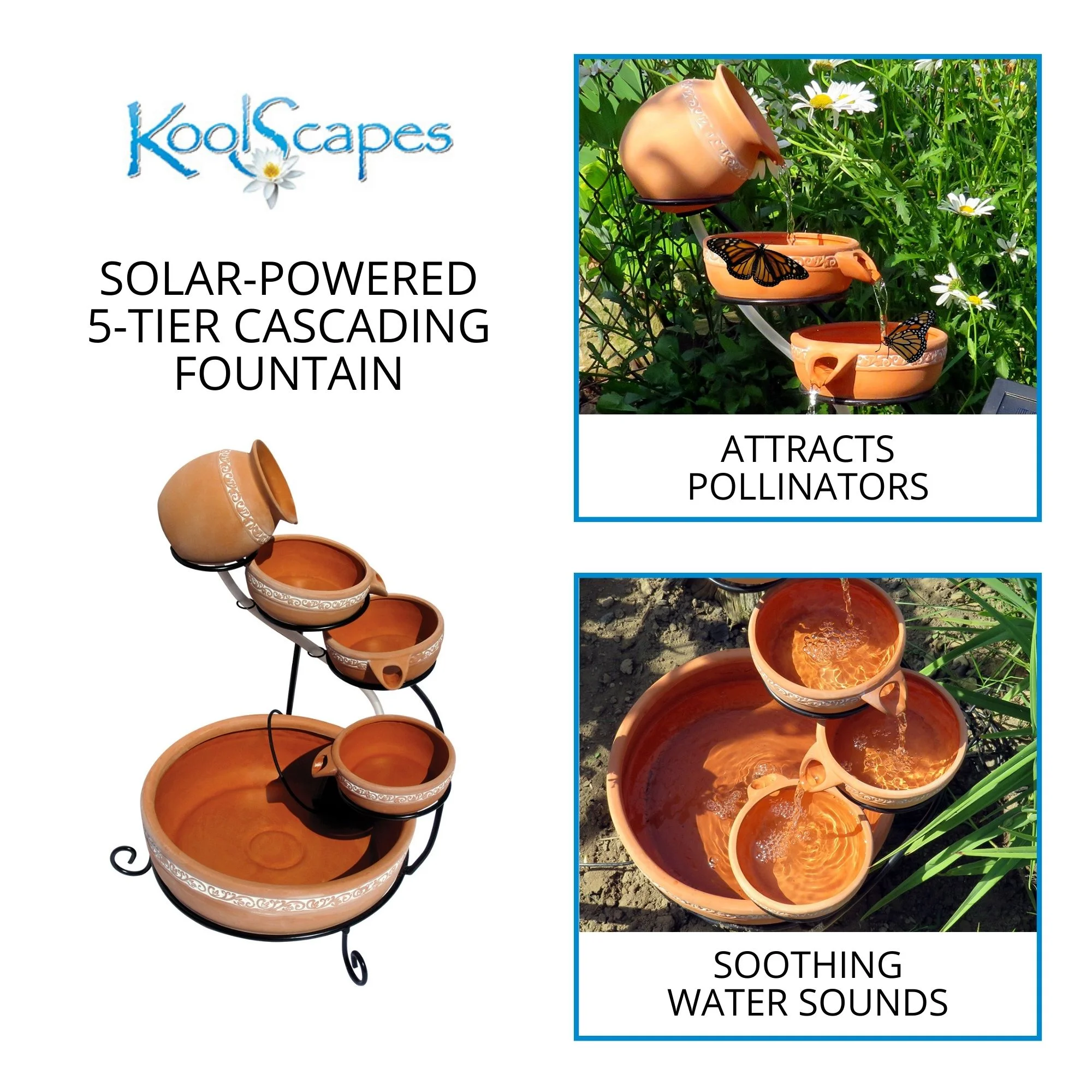 Outdoor Solar-Powered 5-Tier Cascading Water Fountain- Finish, Brown - Image 7