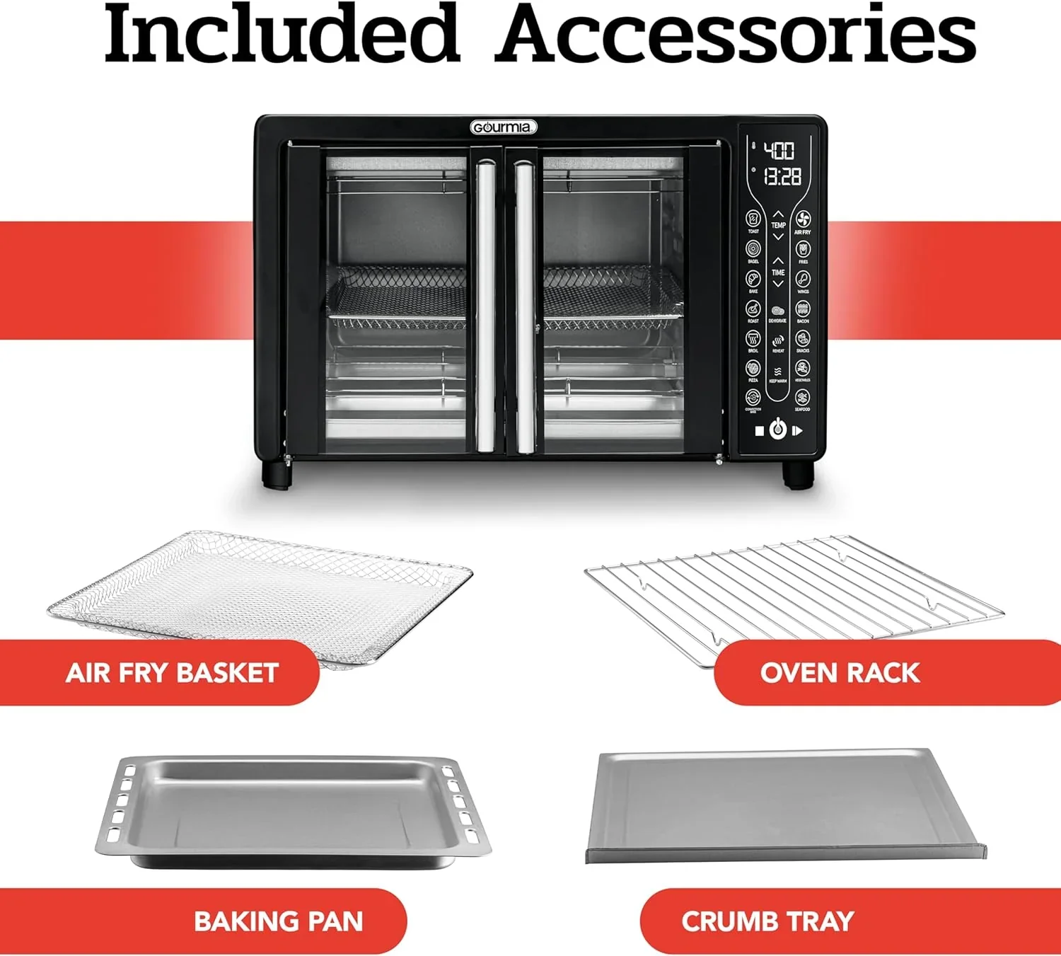Four Gourmia avec friteuse à air chaud, 17 programmes de cuisson prédéfinis, capacité de 24 L et grille à convection.