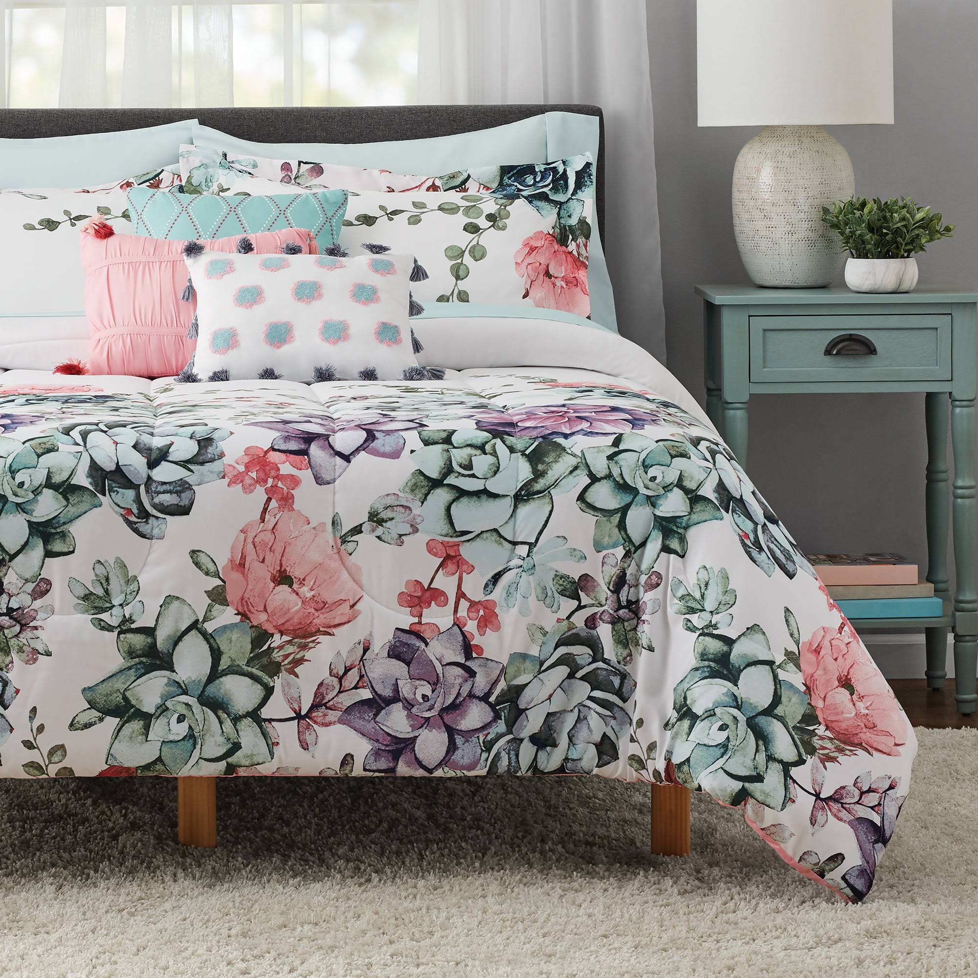 Mainstays Jade Floral 10-Piece Bed in A Bag Bedding Set with Bonus Sheet Set + Pillows Queen