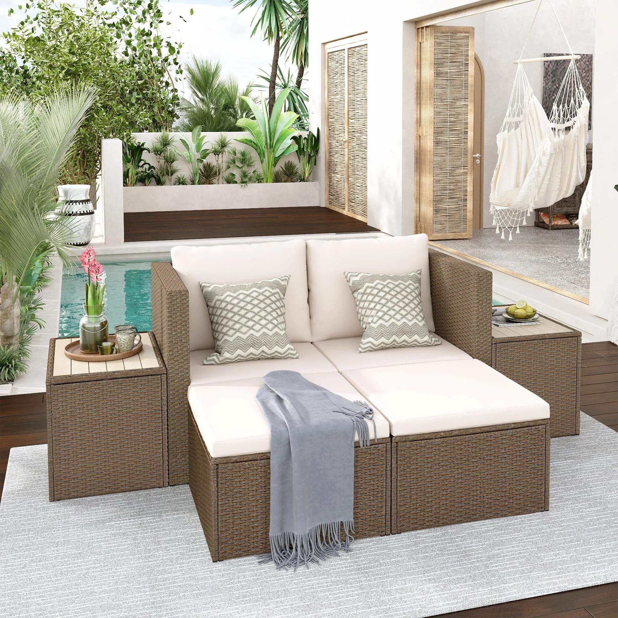 Churanty Outdoor 6 Pieces PE Wicker Rattan Sectional Sofa Set with 2 Tables, Garden Convertible Couch Furniture Set, Brown Wicker+Beige Cushion