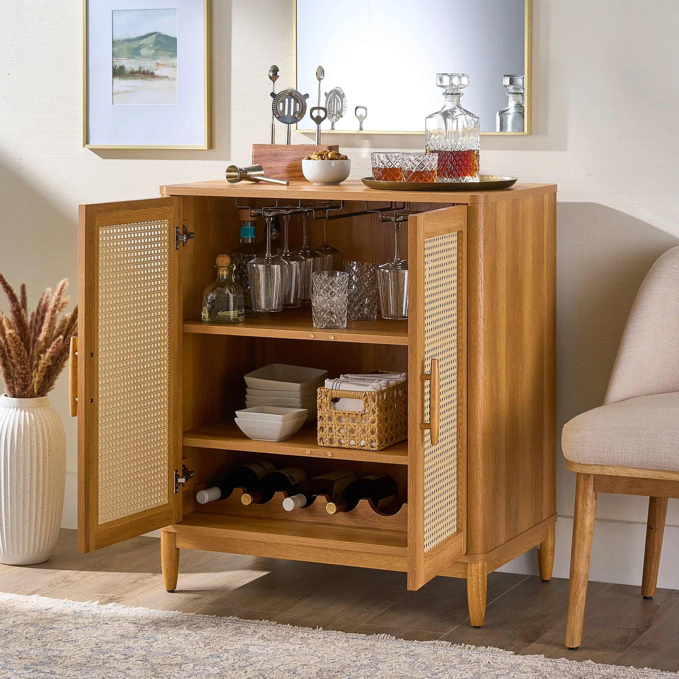 Better Homes & Gardens Springwood Caning Bar Cabinet, Light Honey Finish