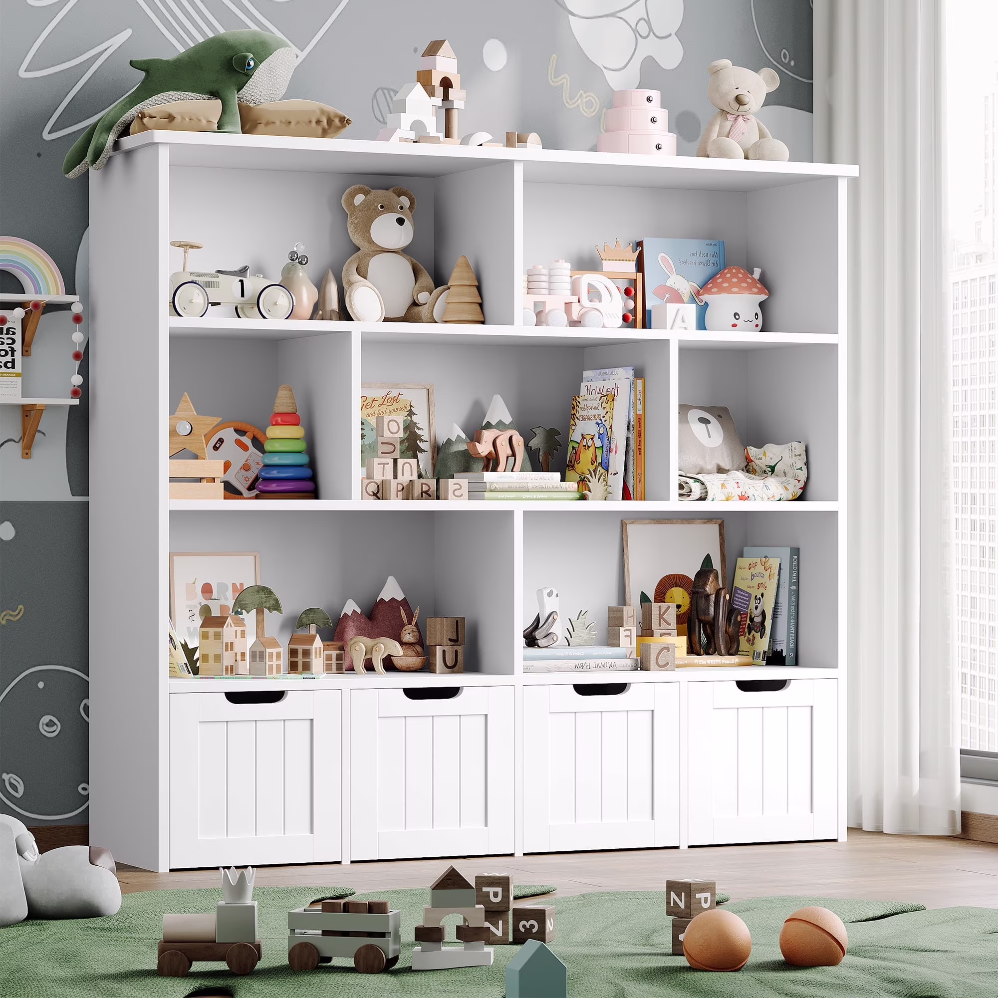 7 Cube Toy Storage Organizer, Kids Geometric Bookcase and Bookshelf with 4 Drawers, White(White)