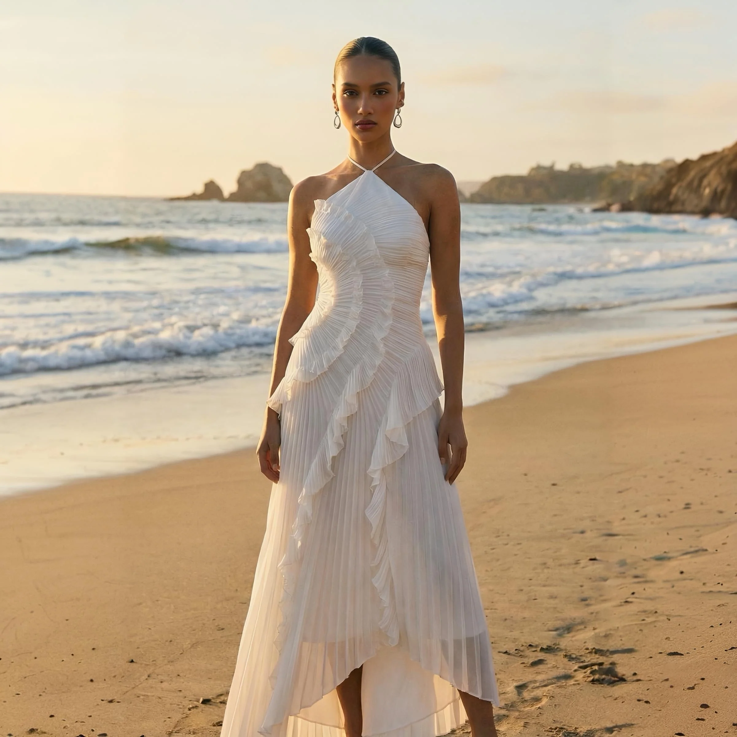 Robe mi-longue plissée blanche en forme de rose thé pour femmes