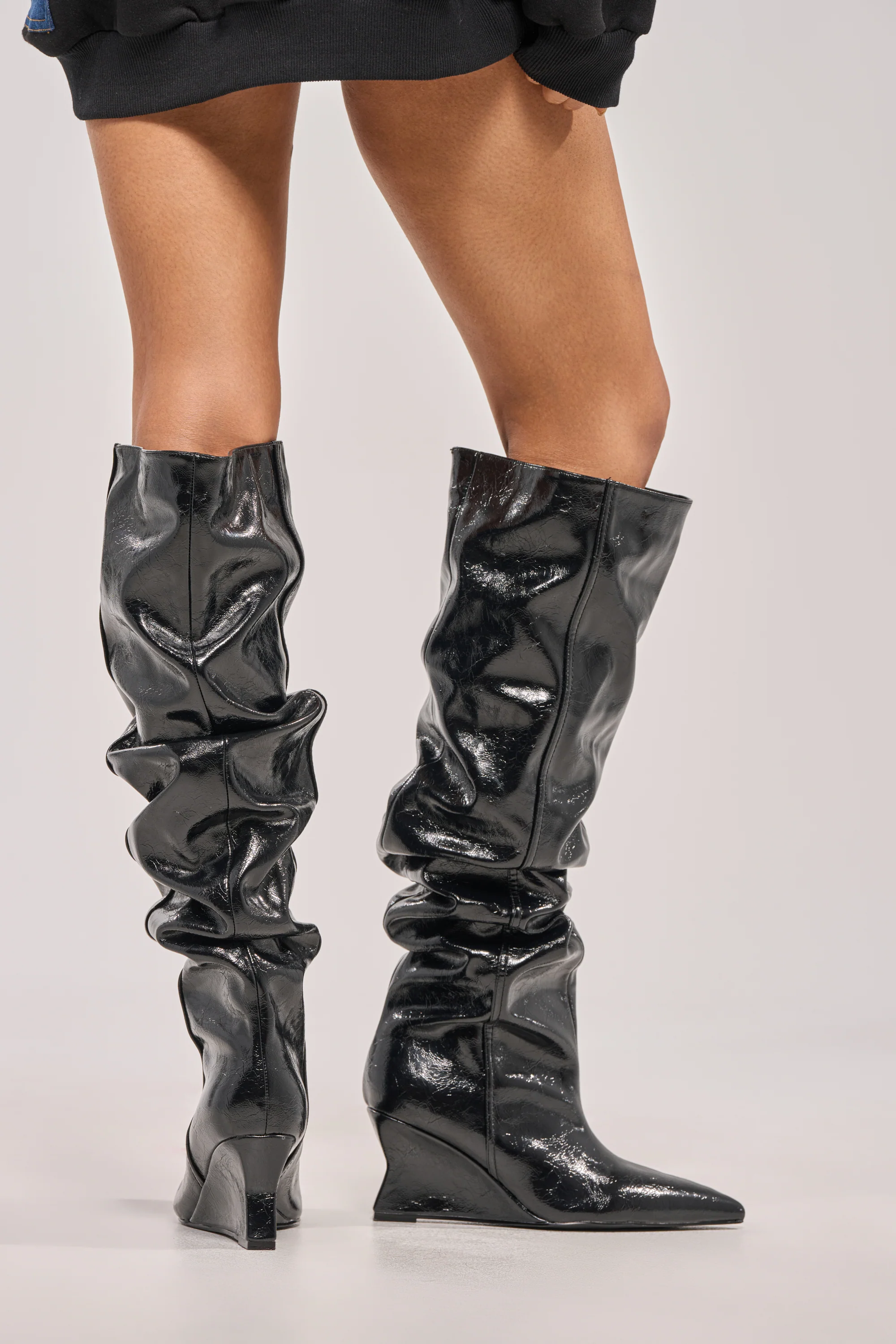 AZALEA WANG AVIELLE BLACK RUCHED BLACK WEDGE BOOT - Akira Store