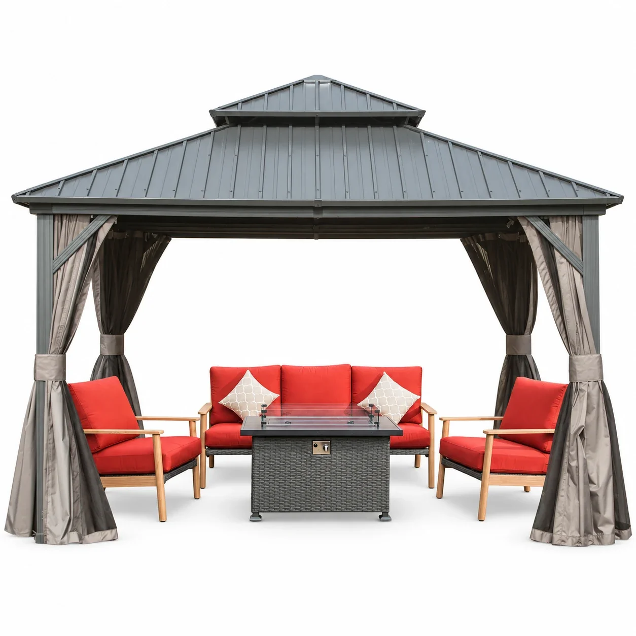 Domi Outdoor 12x12 ft Hardtop Gazebo Canopy Metal with Galvanized Steel Double Roof,Curtain & Netting for Patio Deck Backyard, Gray
