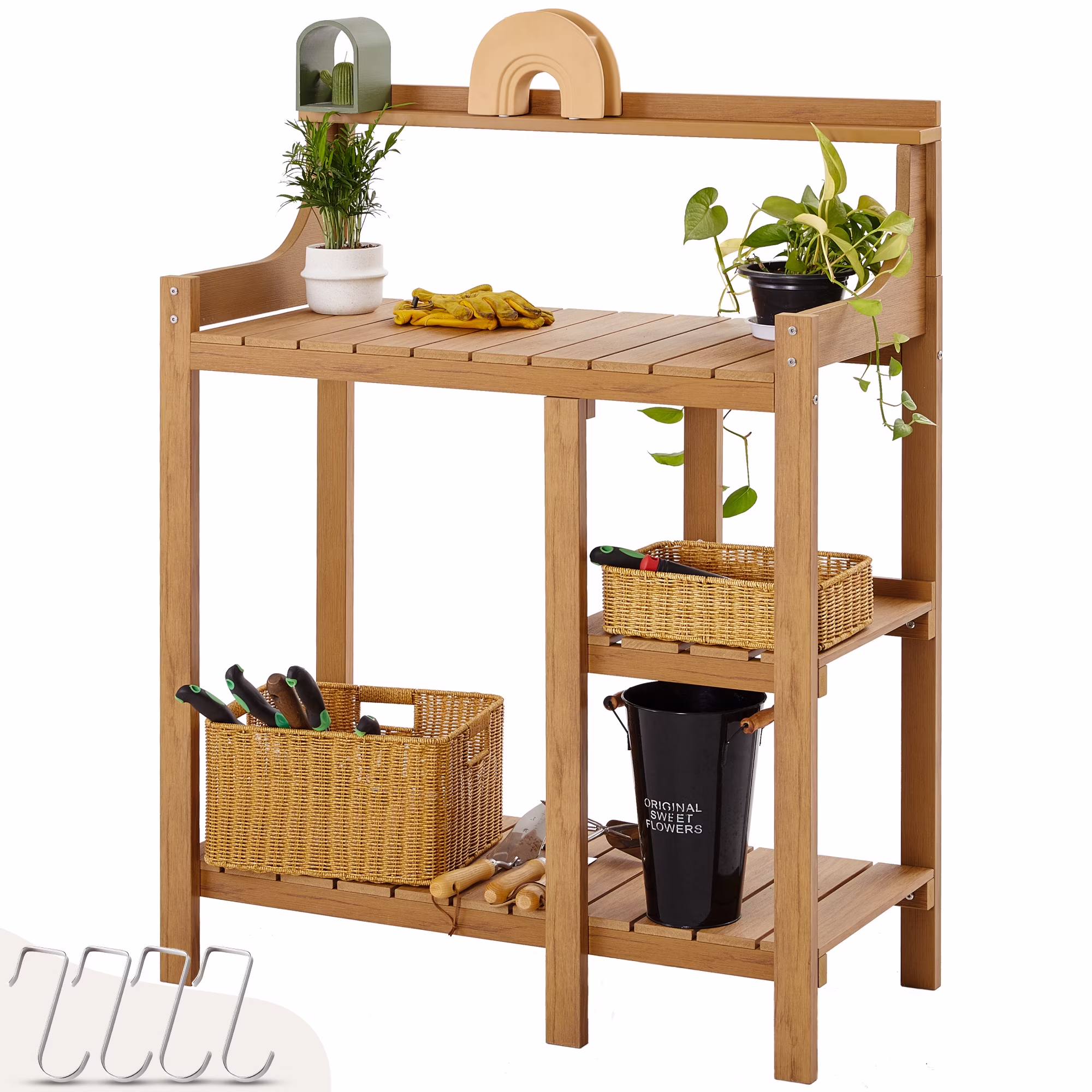 JXXRZ 50����x17.5��x37.5�� HDPS Outdoor Potting Bench, 3-Tier All-Weather Garden Work Table Like Teak Wood