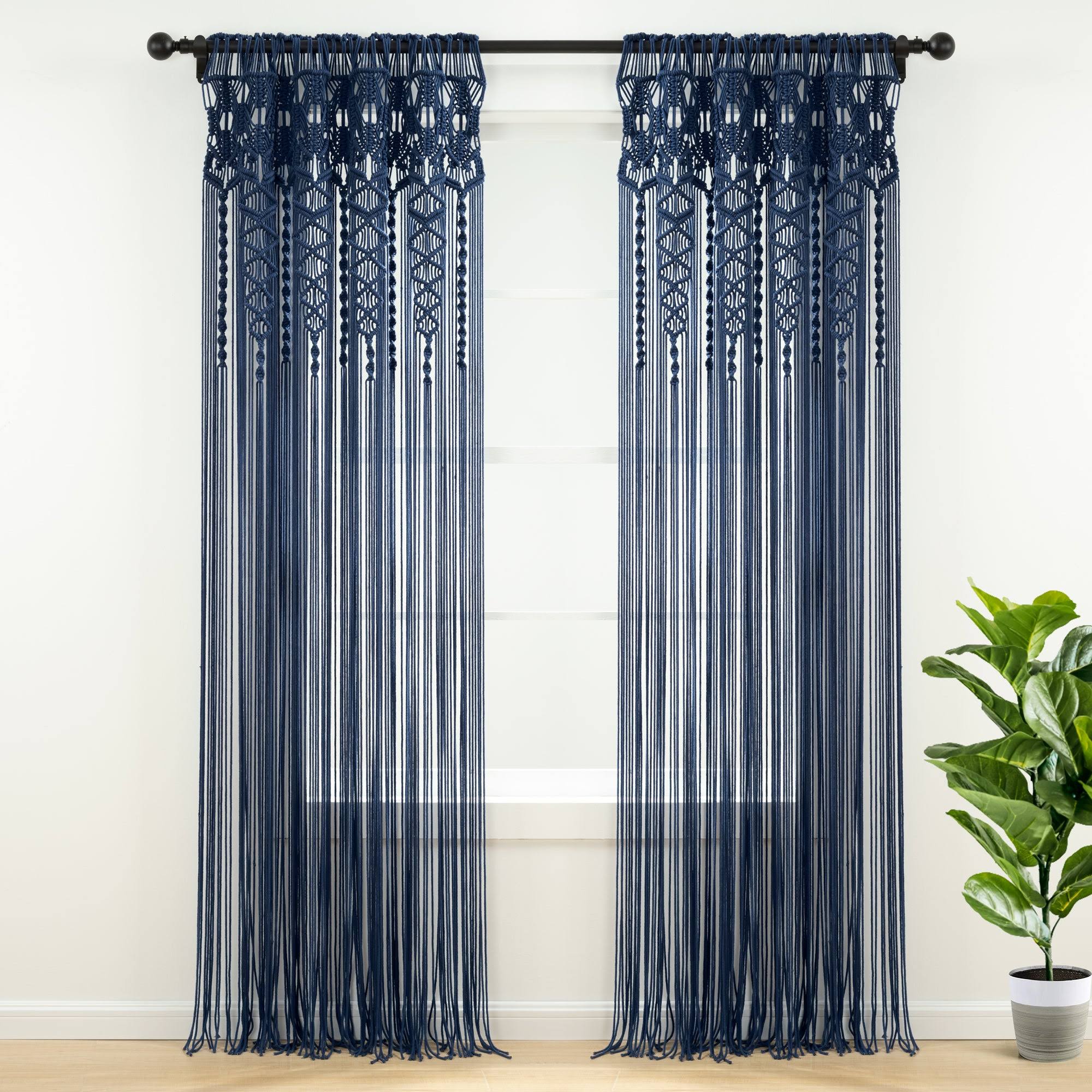 Lush Decor Boho Macrame Textured Cotton Window Curtain/Room Divider/Doorway/Wall Decor - Navy - 84 Inches