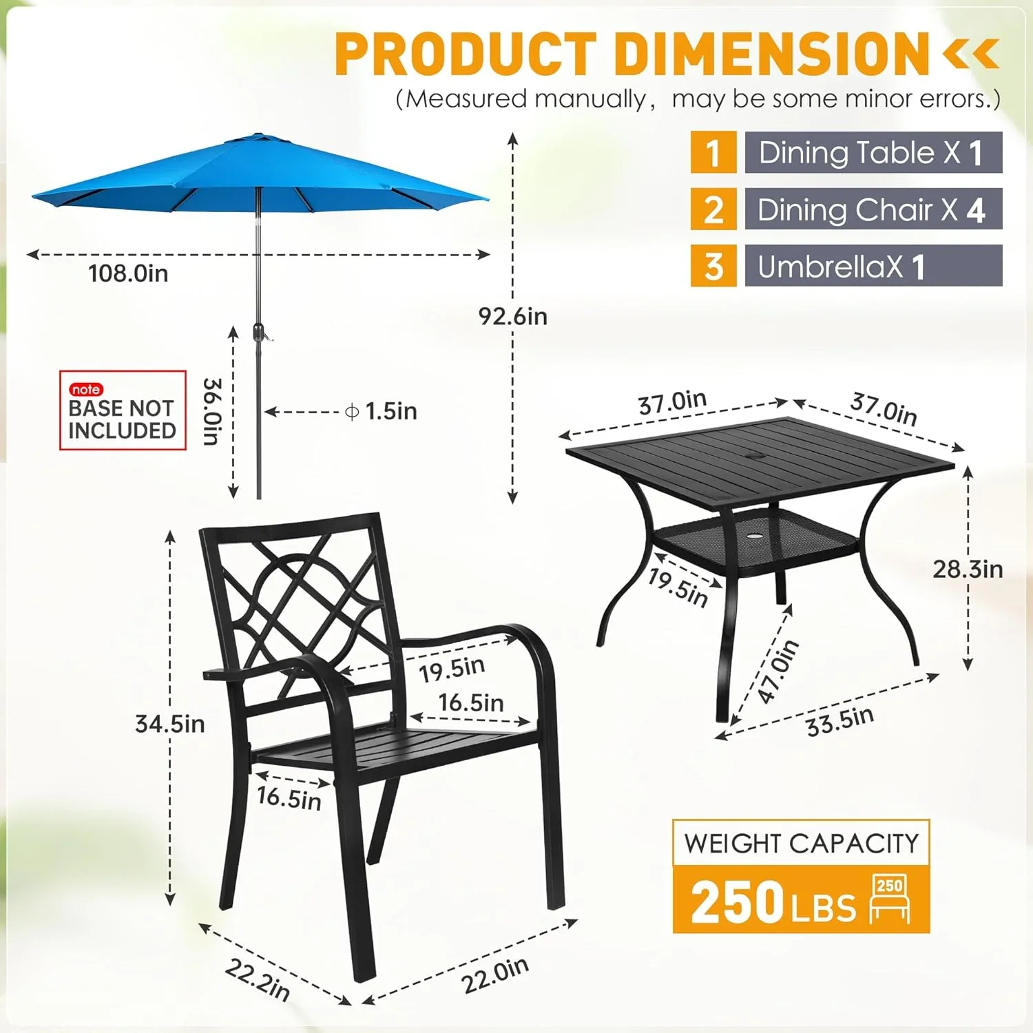 SUNCROWN 5-Piece Outdoor Wrought Iron Chairs and Table Patio Dining Furniture Set - 4 Stackable Metal Chairs, 1 Steel Slat Bistro Table and 1 Sky Blue 9Ft Patio Umbrella for Garden Backyard Deck