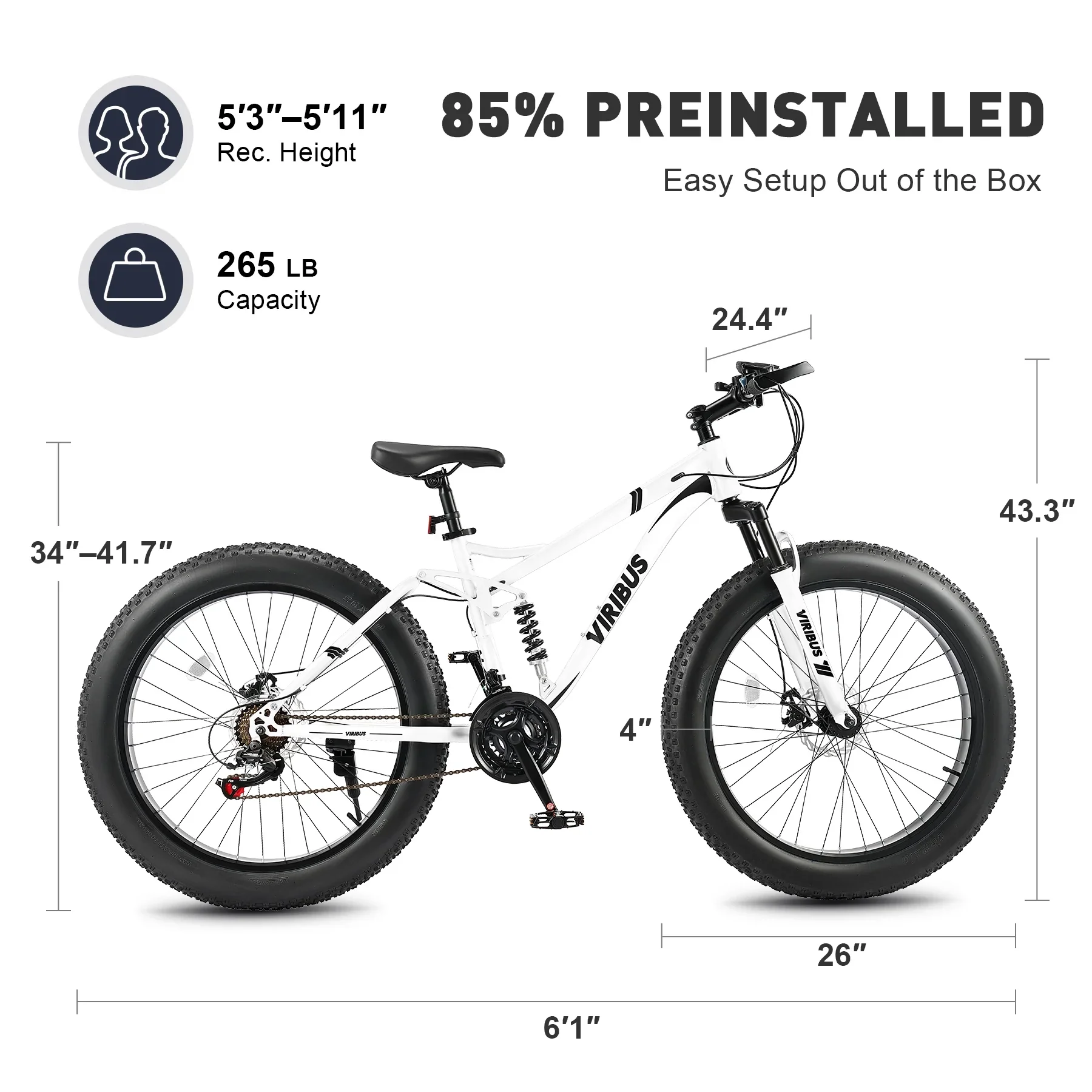 Viribus Full Suspension Mountain Bike 21 Speed 26 Fat Tire Bicycle for Men Women White