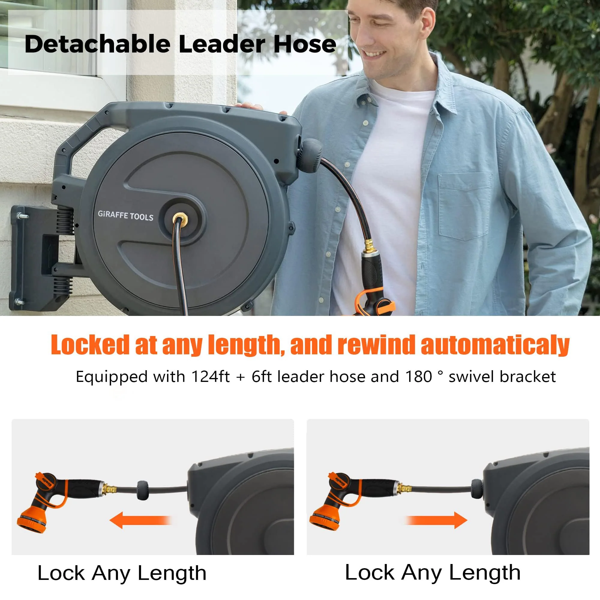 Giraffe Tools Retractable Garden Hose Reel 1/2 Inch x 130 ft