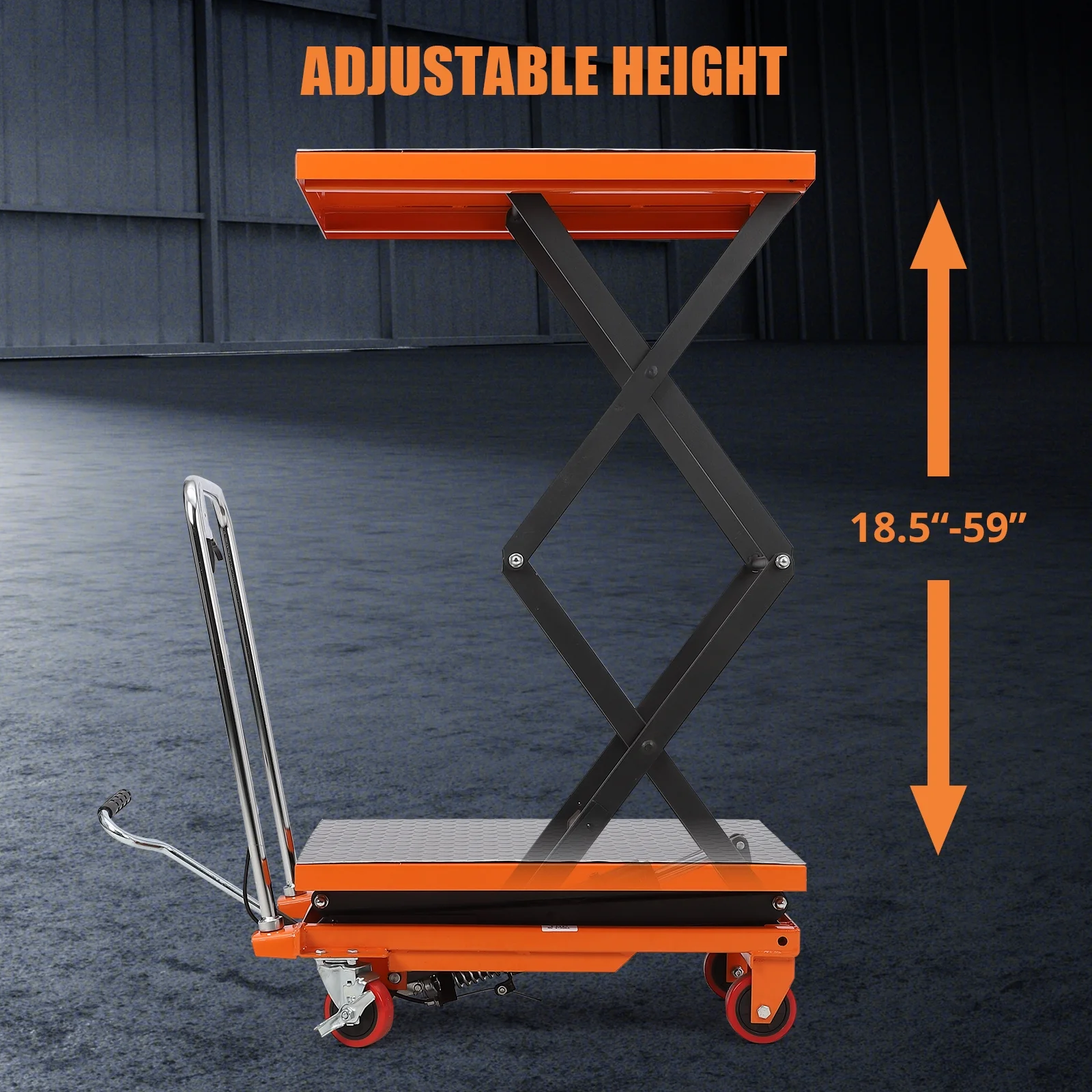 Hydraulic Lift Table Cart 770 lbs Capacity, Adjustable Up to 59" Lifting Height, Manual Double Scissor Lift Table with 4 Wheels 3mm Non-Slip Pads for Safe Material Handling Transport, Orange - Image 2