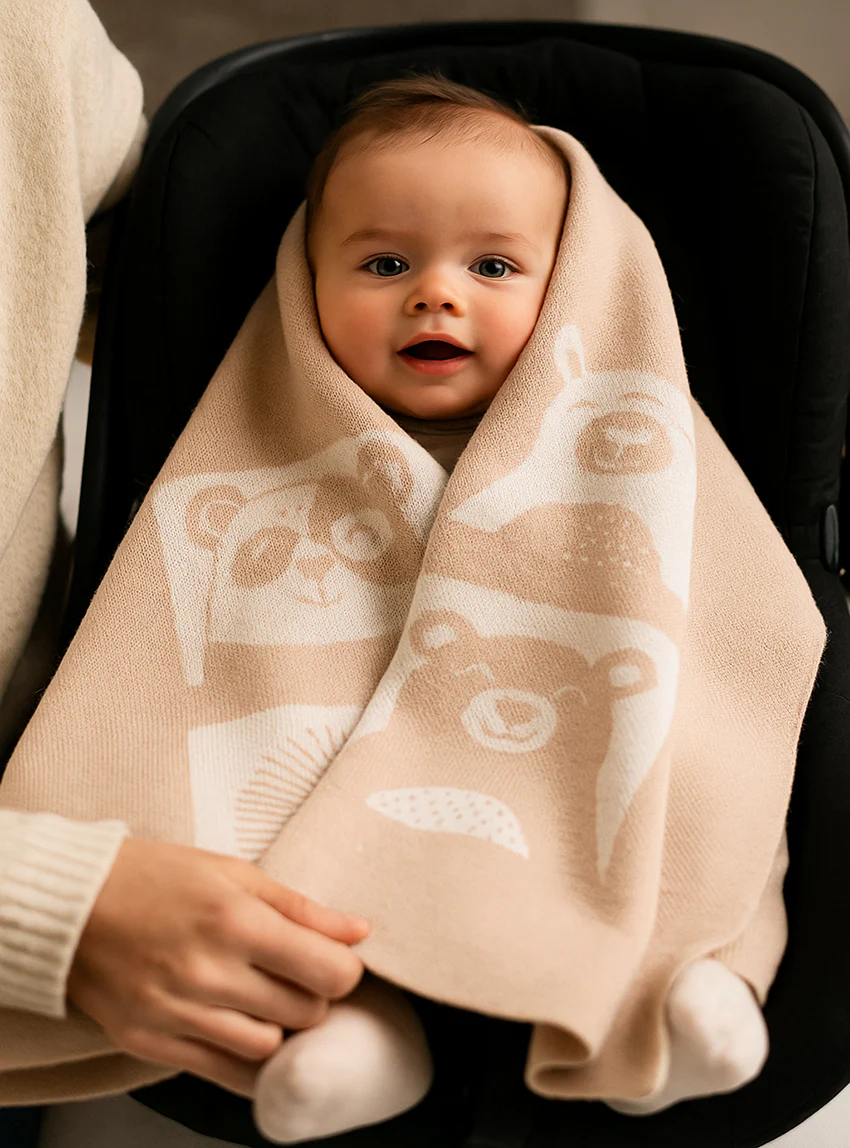 Couverture bébé  laine mérinos motif animaux beige pastel