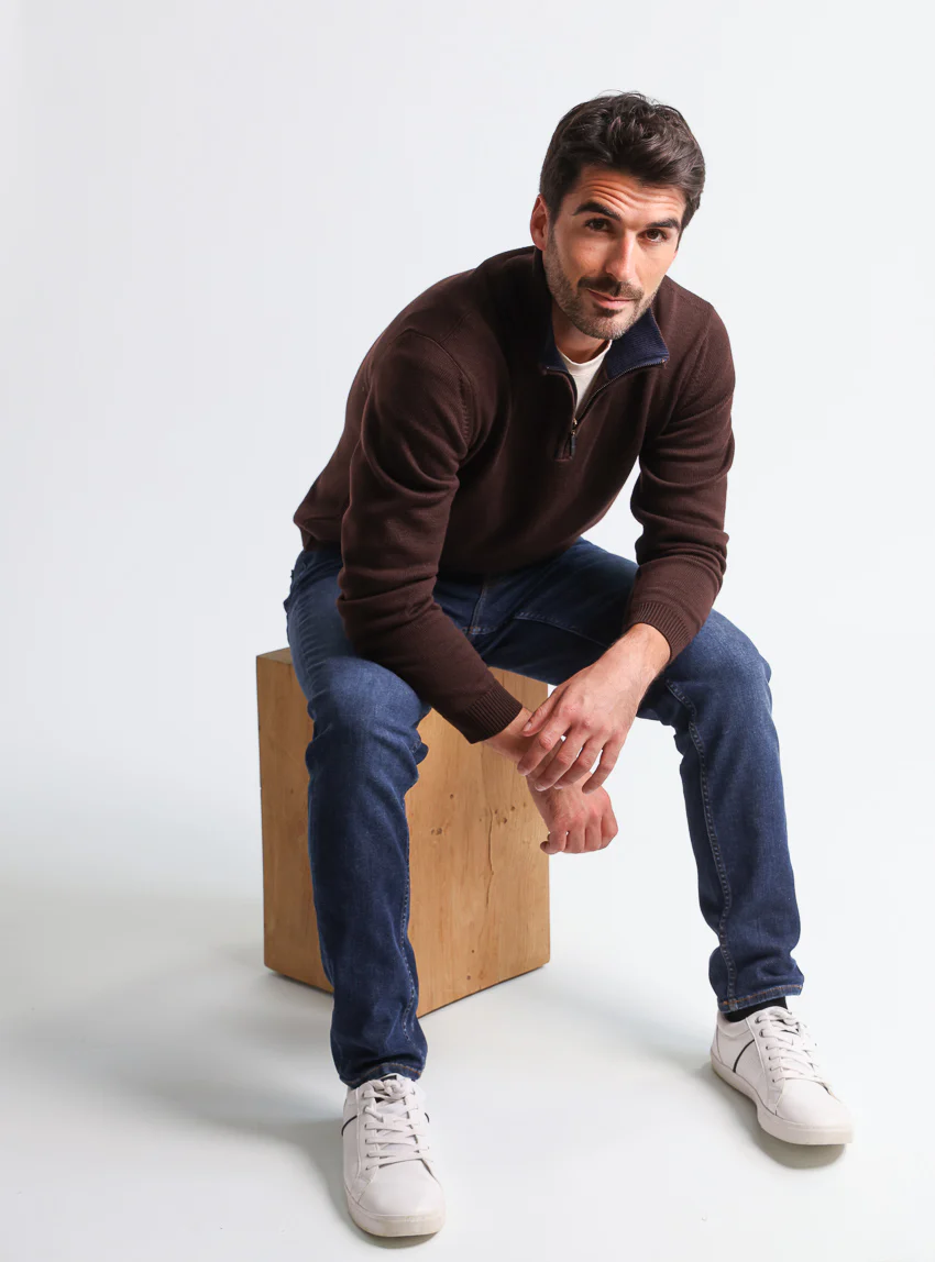 Pull homme col camionneur en laine marron