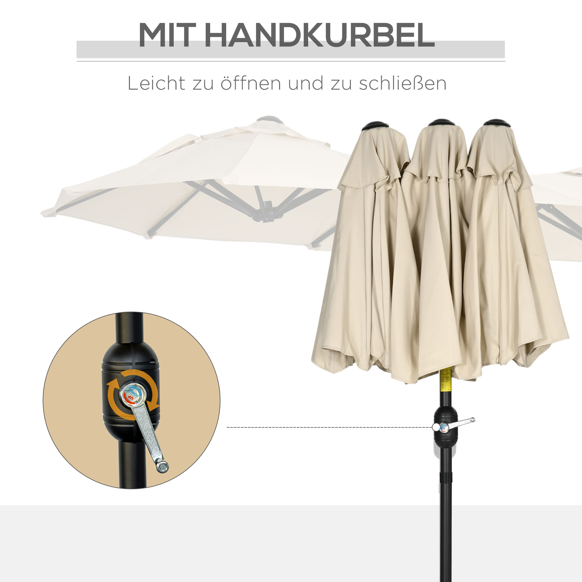 Outsunny parasol, tuinparasol, kantelbaar, met handslinger, windkap, polyester+staal, kaki, 285 x 147 cm