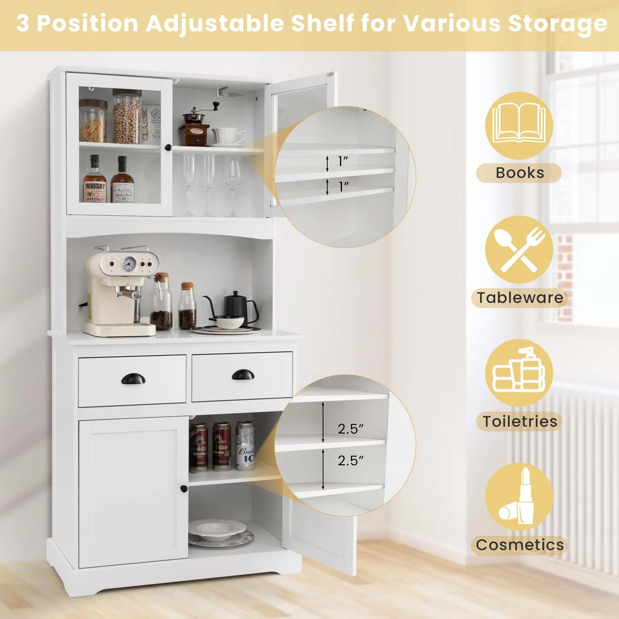 Costway 67'' Storage Cabinet Closet Kitchen Pantry Cupboard with Adjustable Shelves White(Black/Black) Image 5
