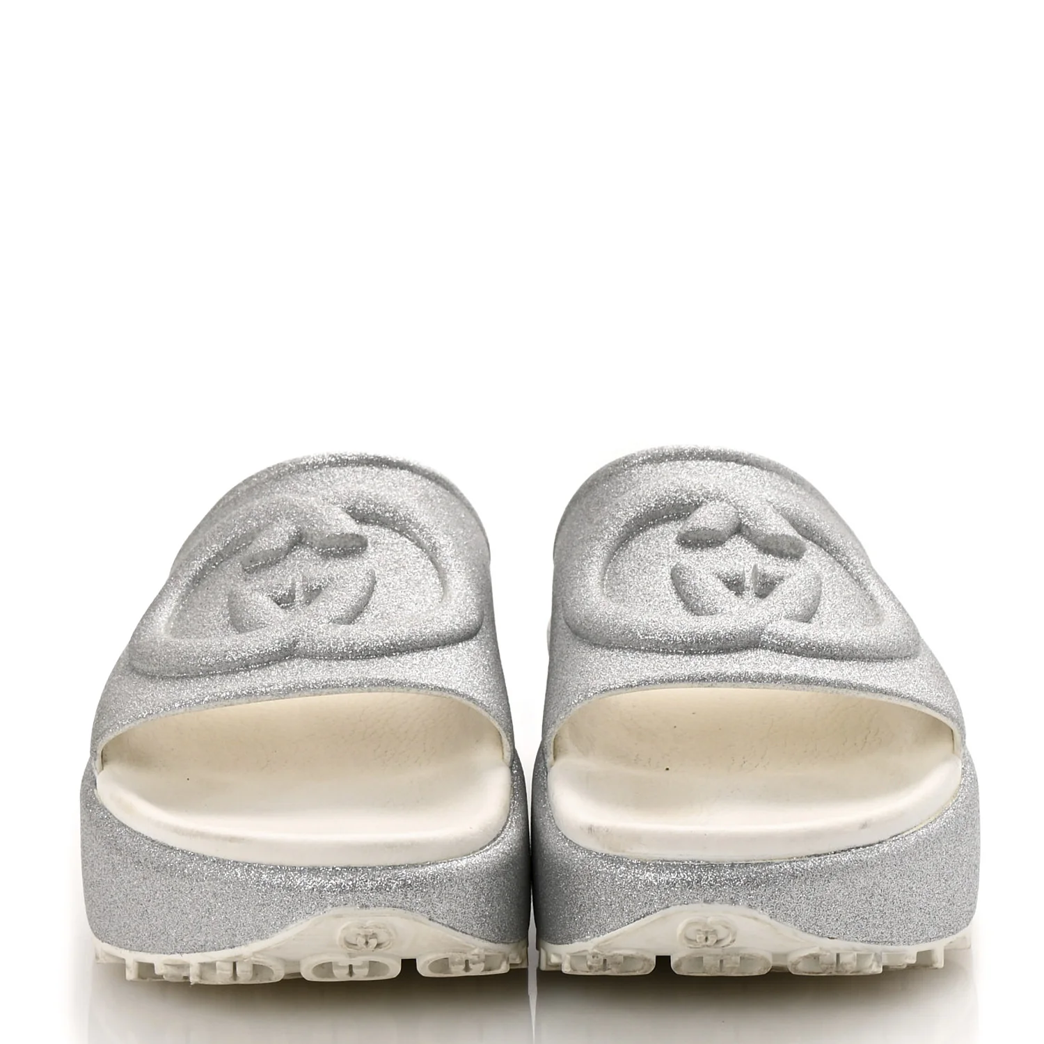 Glitter Rubber Womens Interlocking G Platform 42mm Slide Sandals 40 Silver