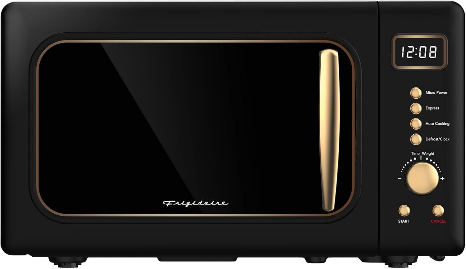 Frigidaire, 0.7 CuFt. Retro Countertop Microwave Oven, 700W Compact Microwave with 8 Auto Cook Menus, Auto Defrost, 5 Power Levels, LED Display, Glass Turntable, Black Gold