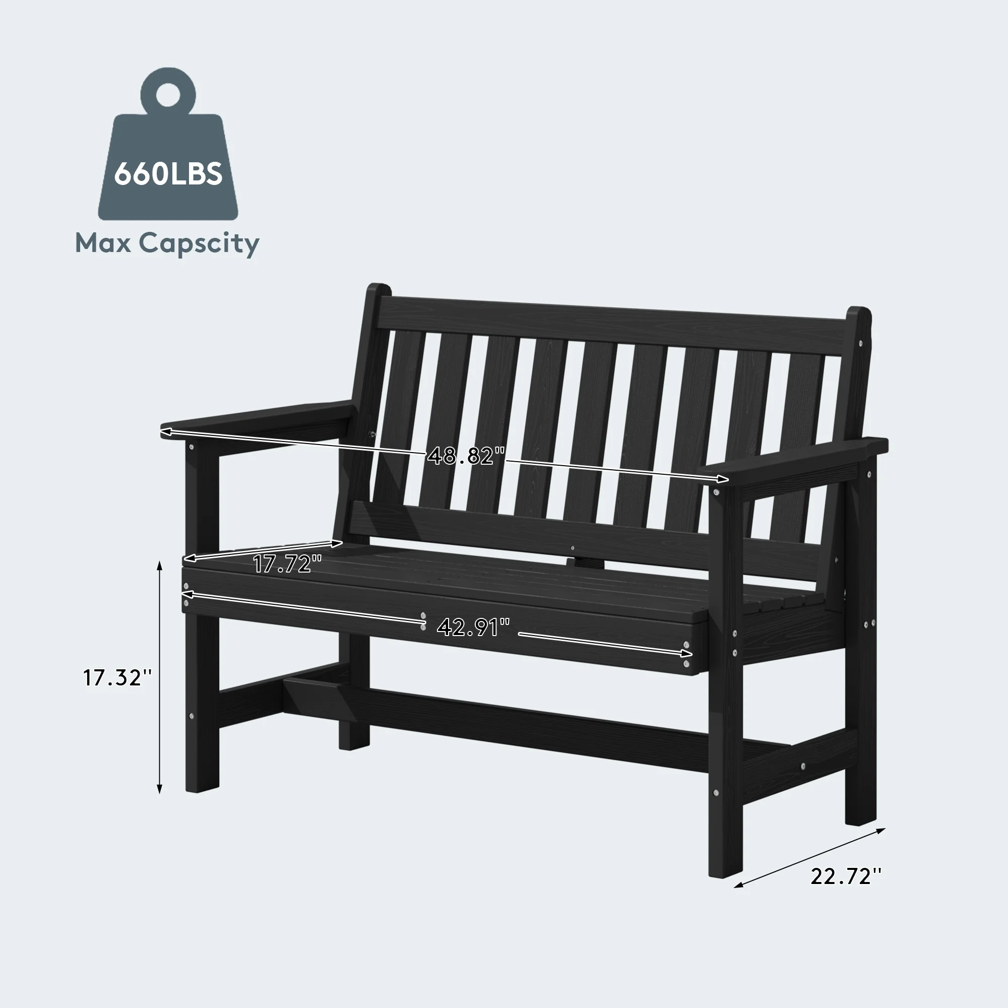 Outdoor Bench for 2-Person, Weather-Resistant HDPE with Aluminum Reinforcement, Supports 660 lbs, Comfortable Seating for Patio, Garden, and Porch, Black(Black/Single) - Image 4